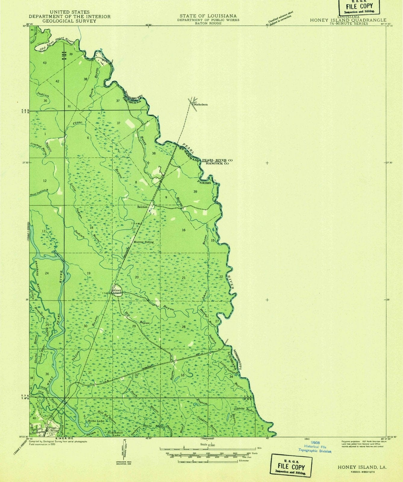 1941 Honey Island, MS - Mississippi - USGS Topographic Map