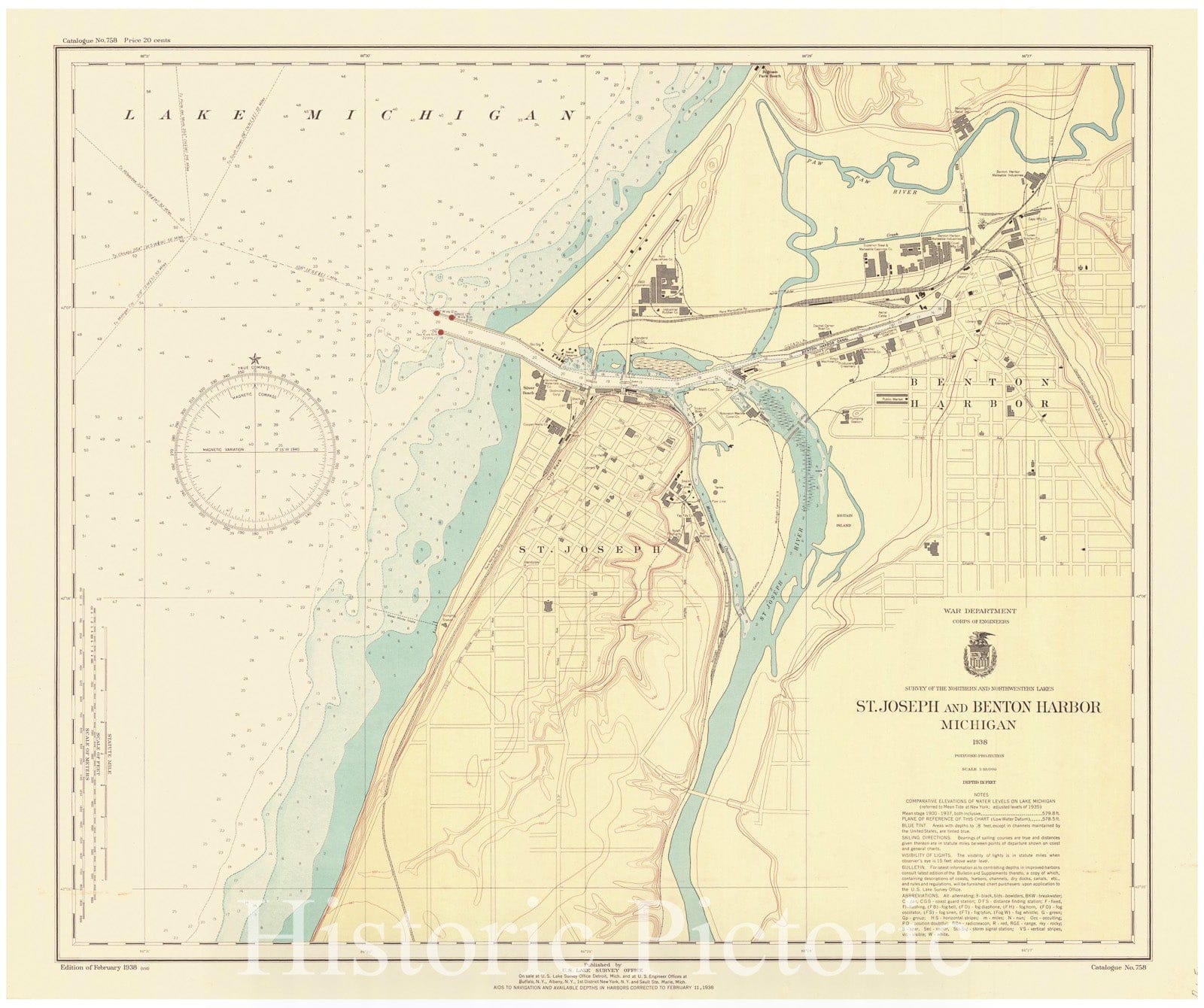 Historic Nautical Map - St. Joseph And Benton Harbor Michigan, 1938 NOAA Chart - Michigan (MI) - Vintage Wall Art