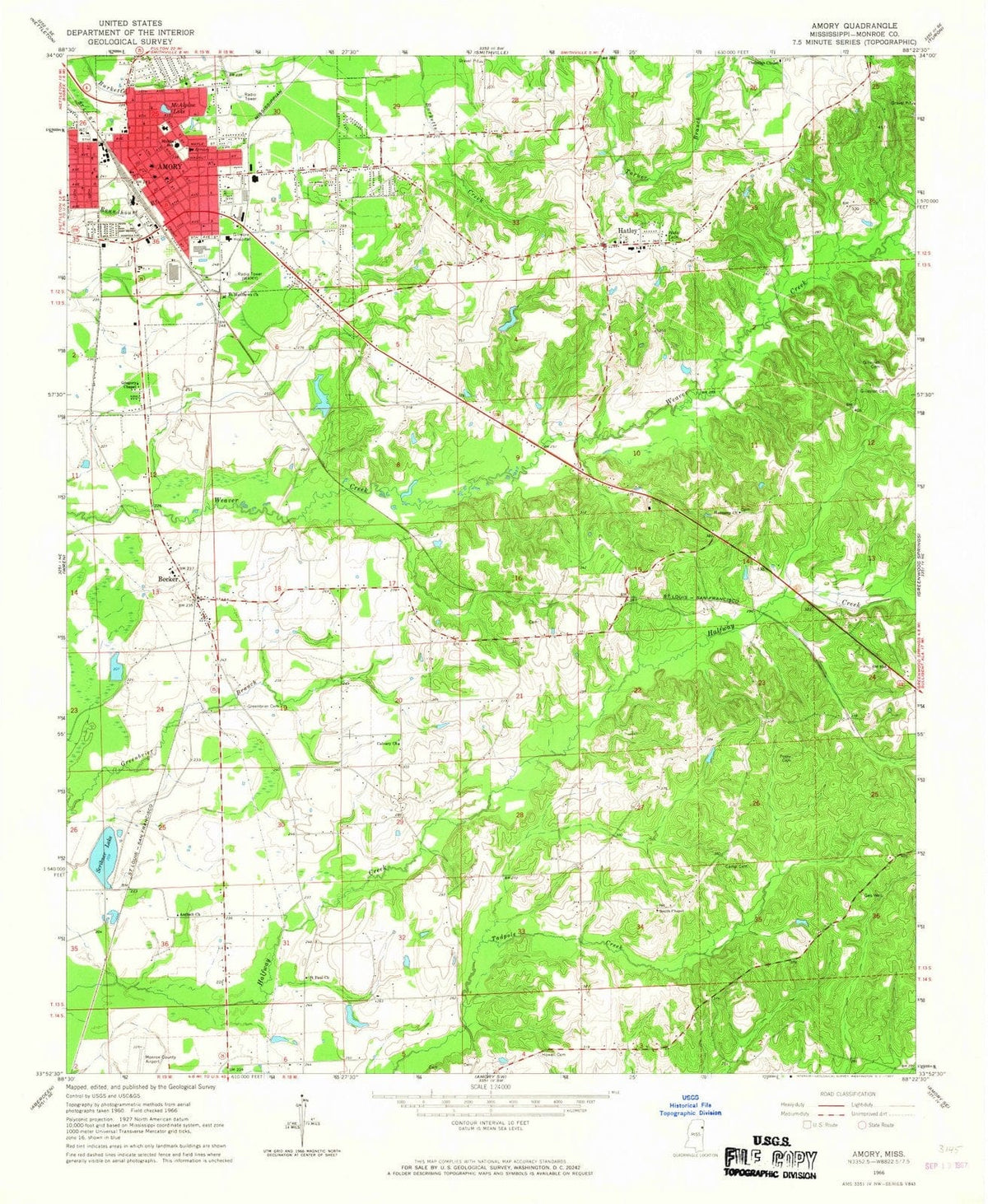 1966 Amory, MS - Mississippi - USGS Topographic Map