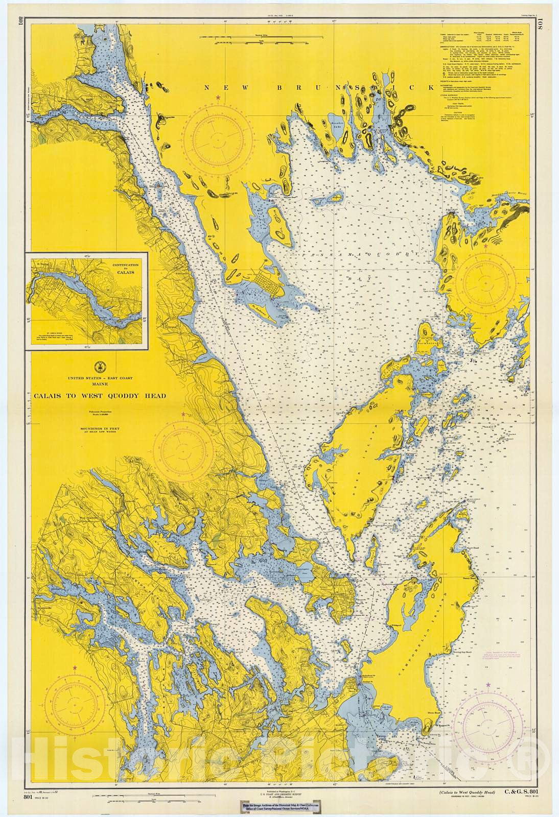 Historic Nautical Map - Calais To West Quoddy Head, 1957 NOAA Chart - Maine (ME) - Vintage Wall Art