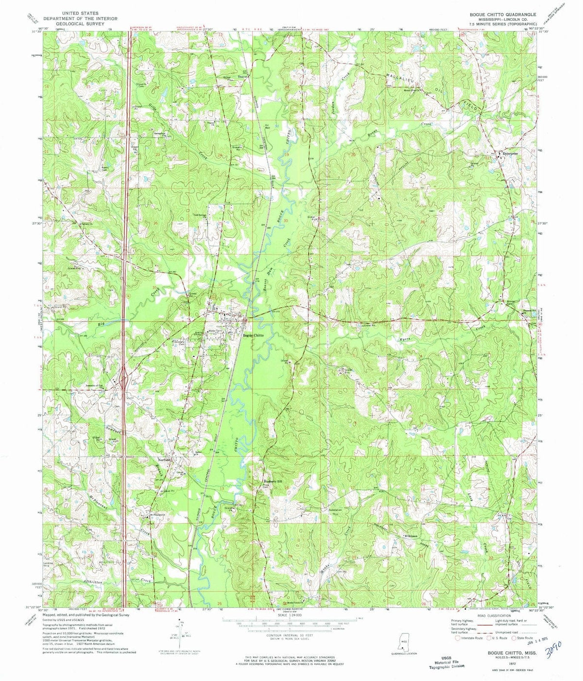 1972 Bogue Chitto, MS - Mississippi - USGS Topographic Map