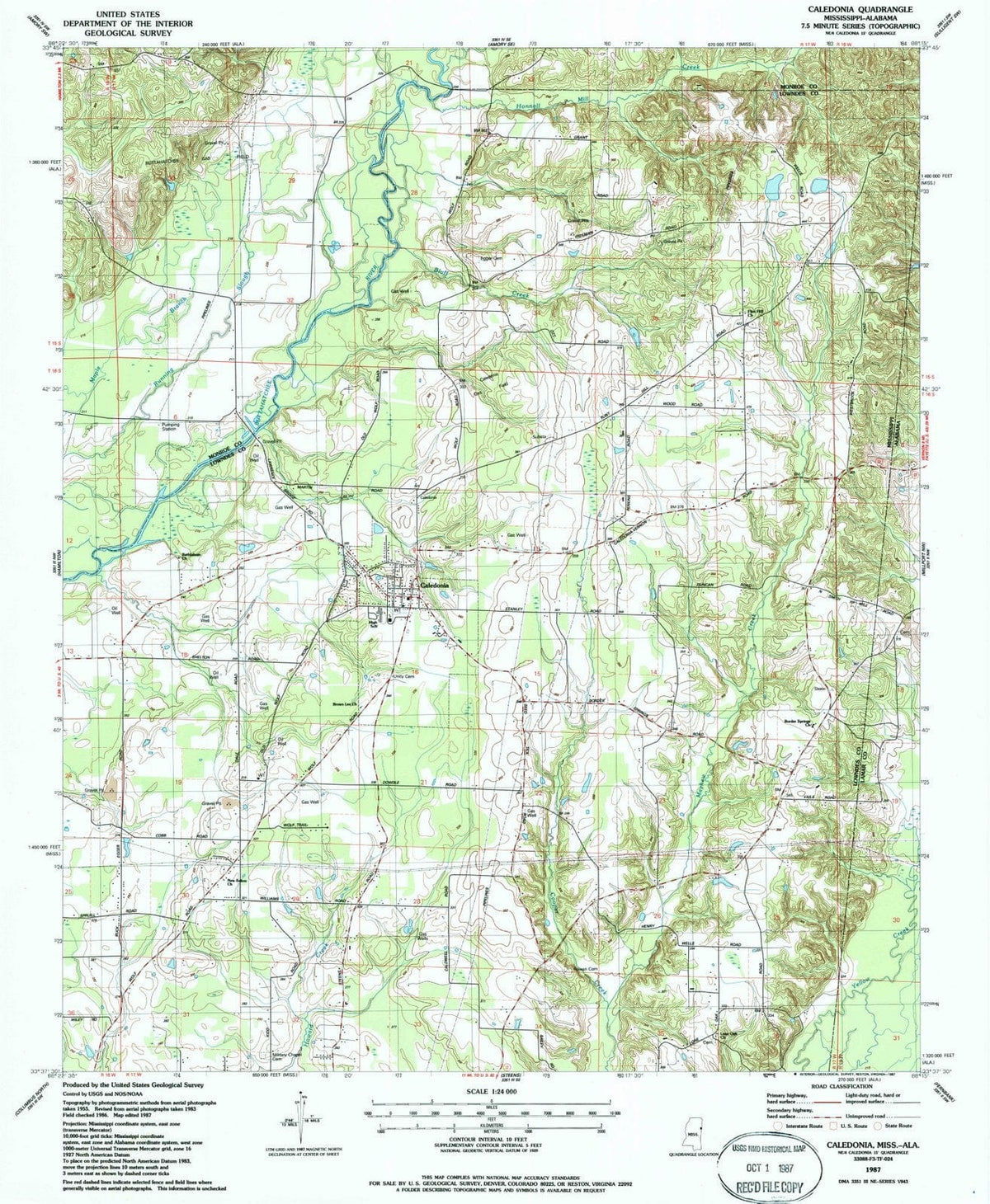 1987 Caledonia, MS - Mississippi - USGS Topographic Map