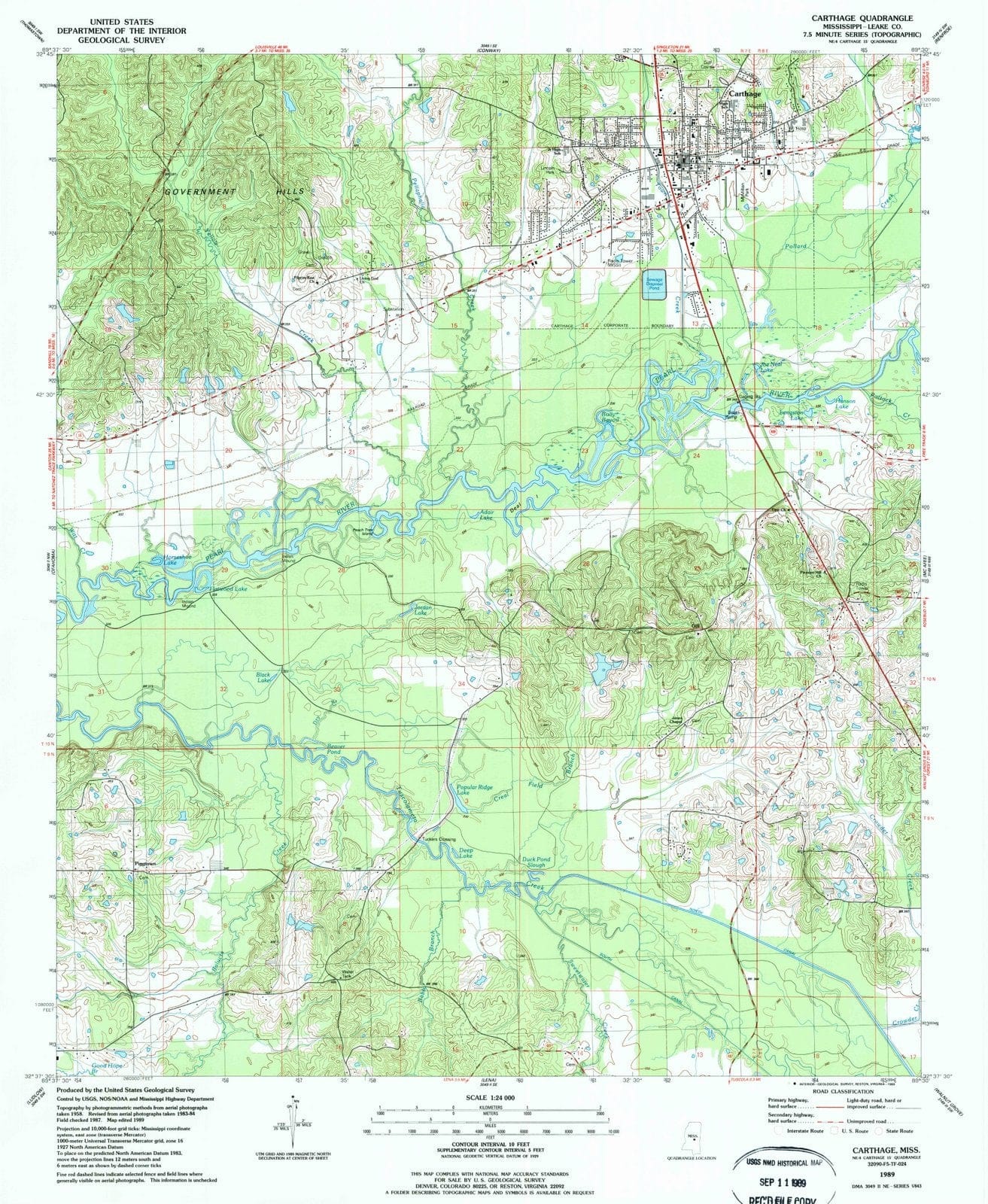 1989 Carthage, MS - Mississippi - USGS Topographic Map