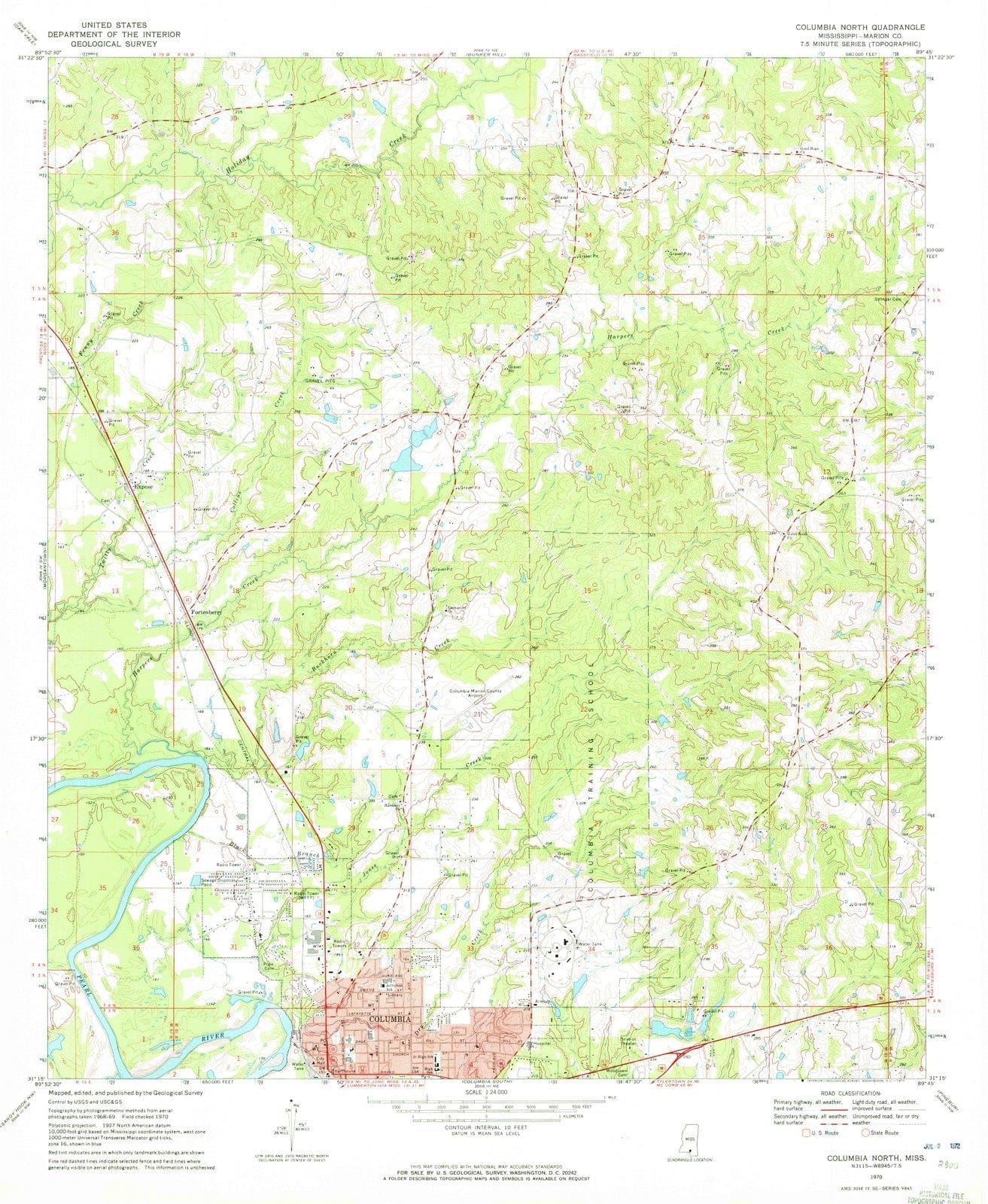 1970 Columbia North, MS - Mississippi - USGS Topographic Map