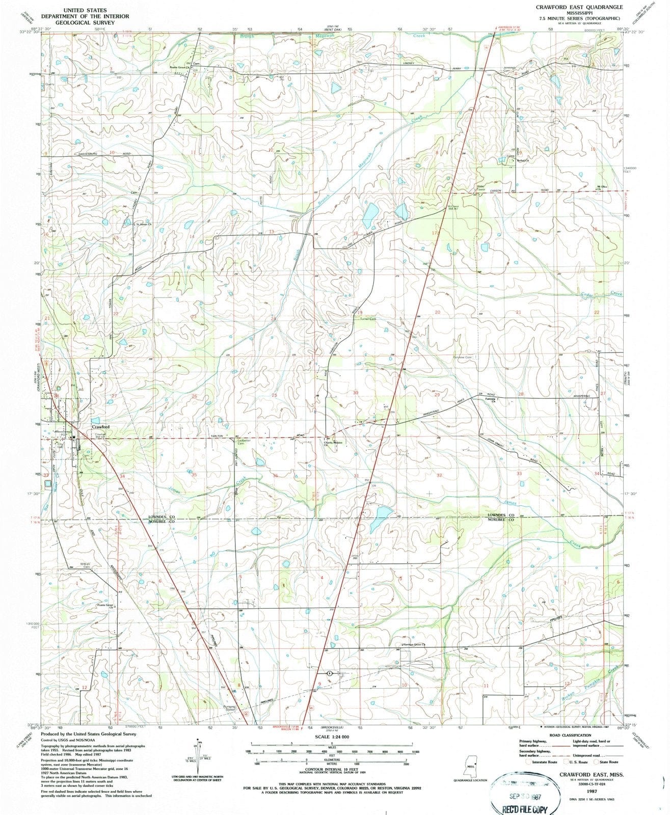 1987 Crawford East, MS - Mississippi - USGS Topographic Map