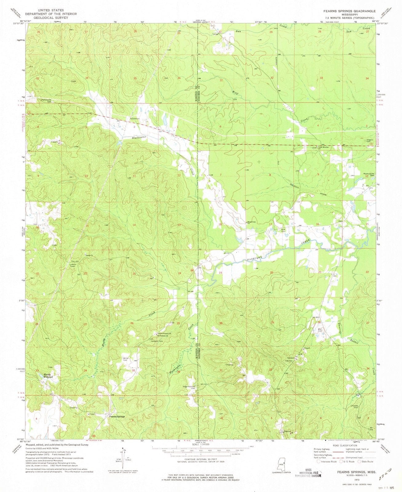 1973 Fearns Springs, MS - Mississippi - USGS Topographic Map