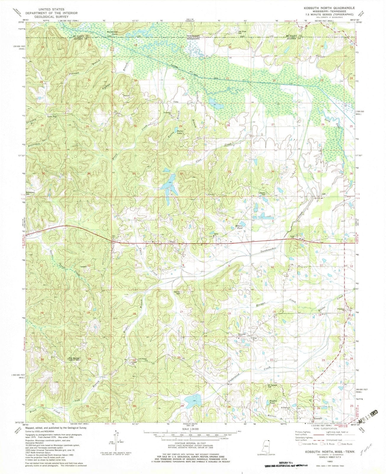 1982 Kossuth North, MS - Mississippi - USGS Topographic Map