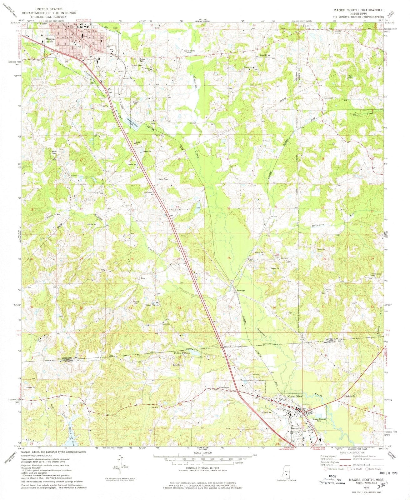 1975 Magee South, MS - Mississippi - USGS Topographic Map