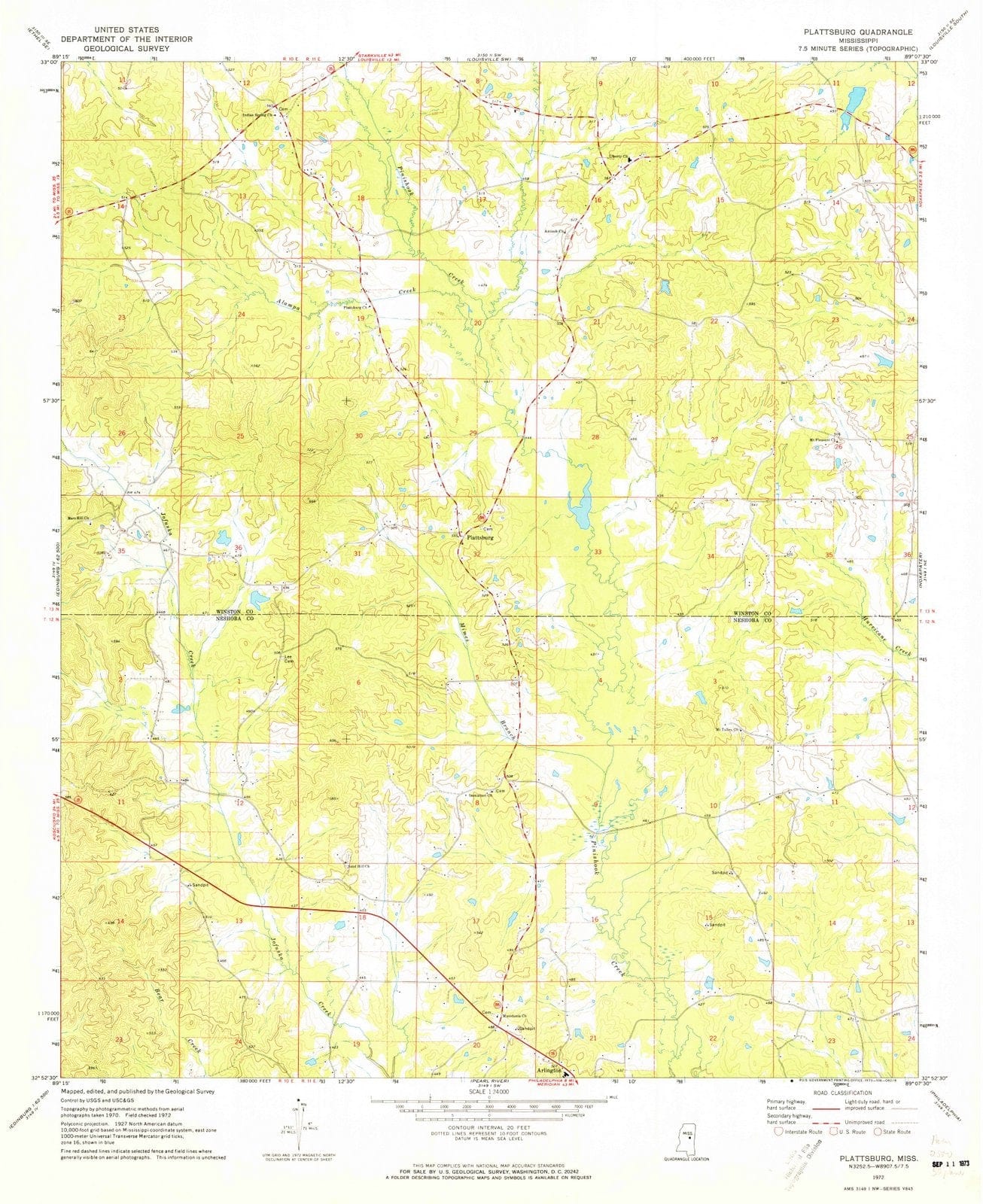 1972 Plattsburg, MS - Mississippi - USGS Topographic Map