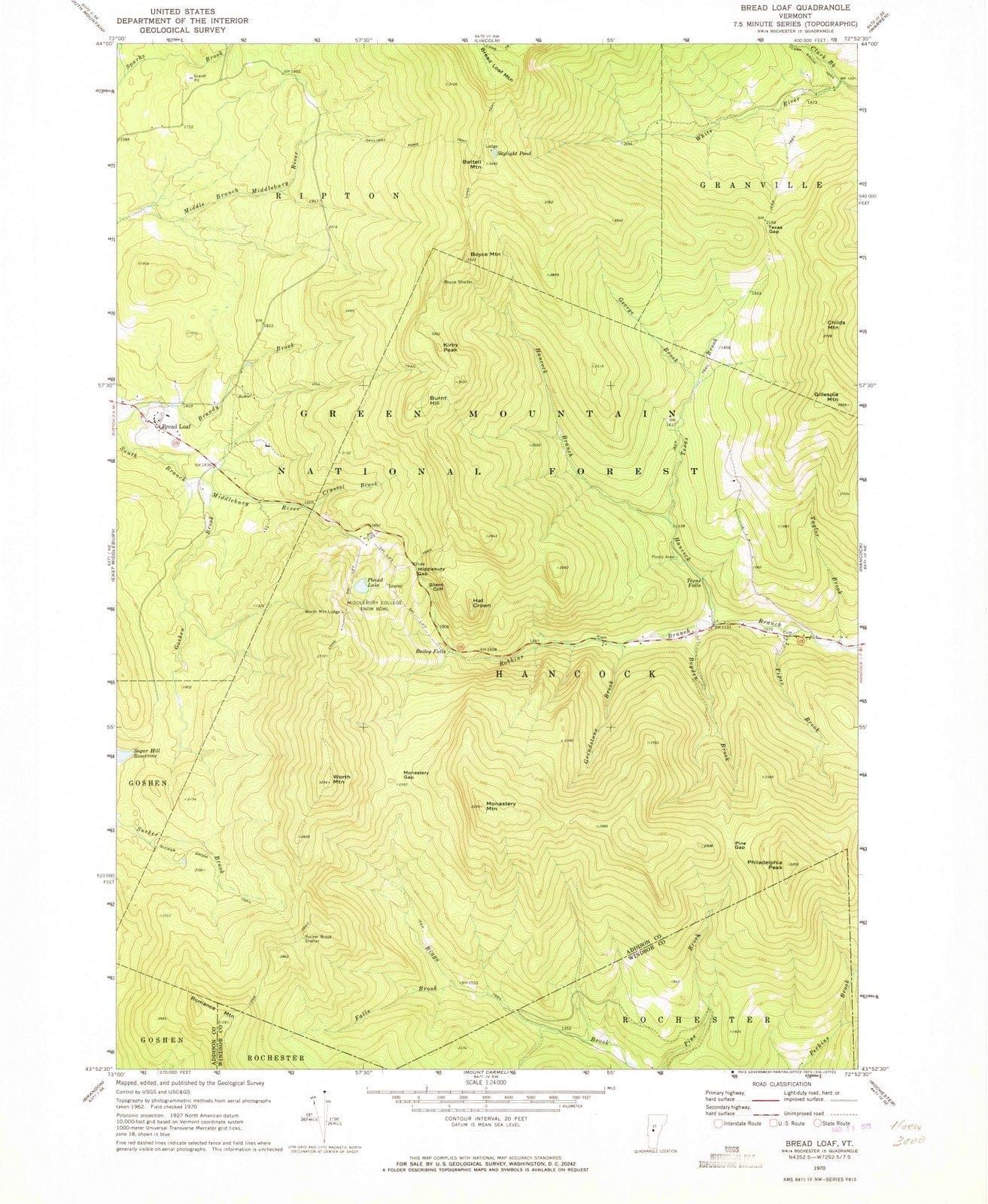 1970 Bread Loaf, VT - Vermont - USGS Topographic Map