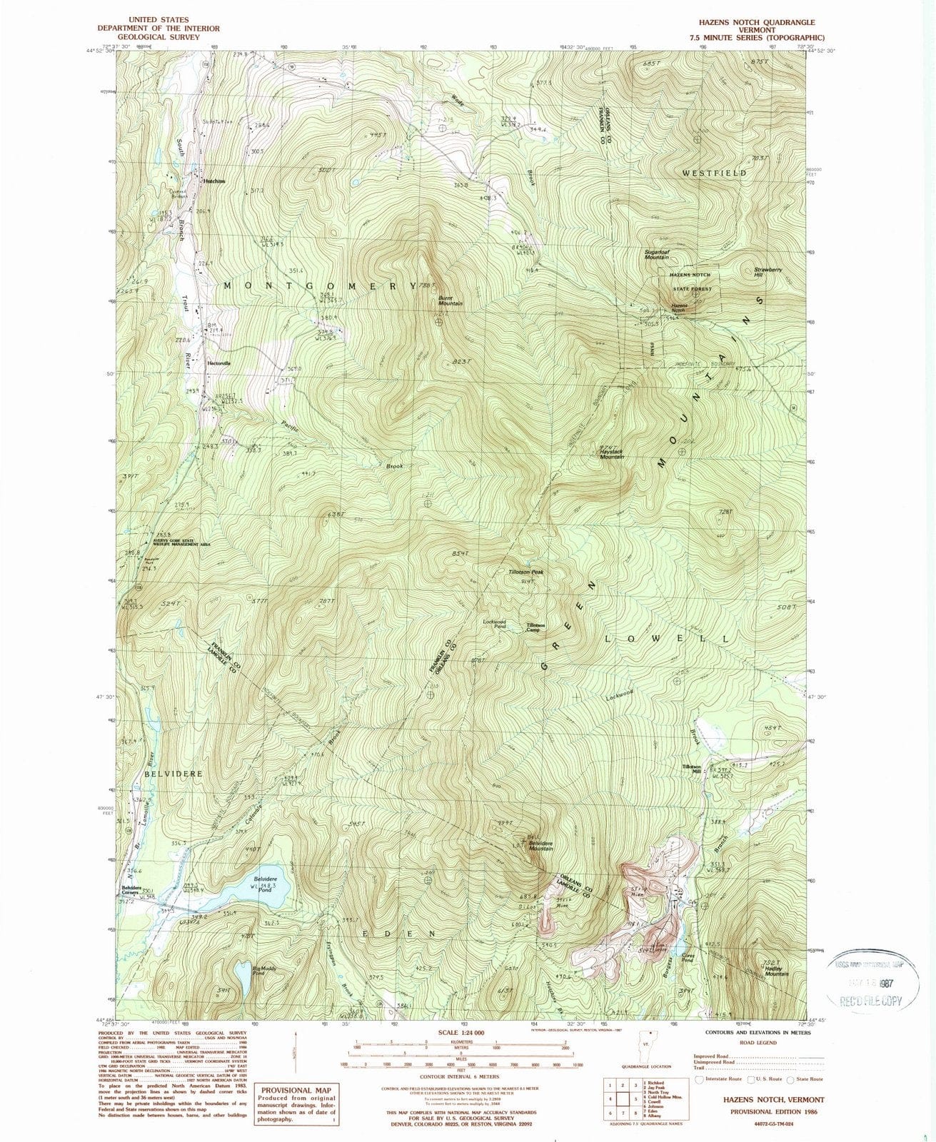 1986 Hazens Notch, VT - Vermont - USGS Topographic Map