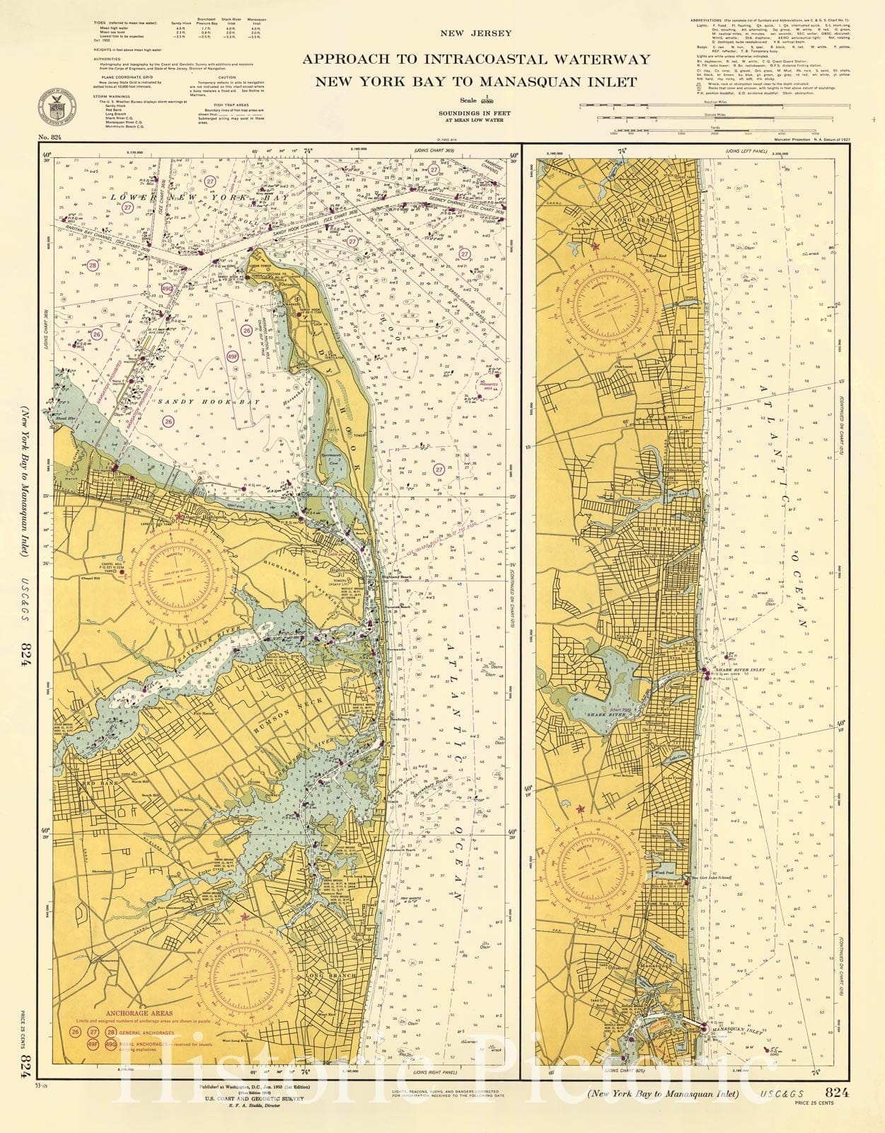 Historic Nautical Map - Approach To Intracoastal Waterway : New York Bay To Manasquan Inlet, 1953 NOAA Chart - New Jersey (NJ) - Vintage Wall Art