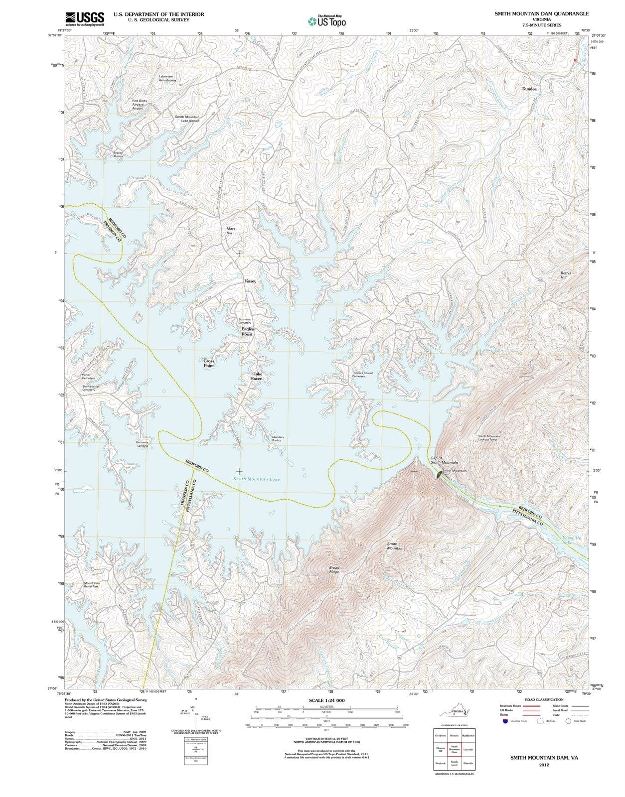2012 Smith Mountainam, VA - Virginia - USGS Topographic Map