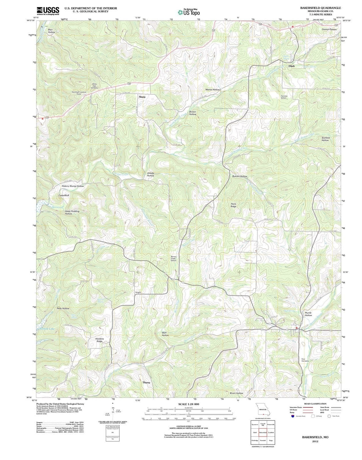 2012 Bakersfield, MO - Missouri - USGS Topographic Map
