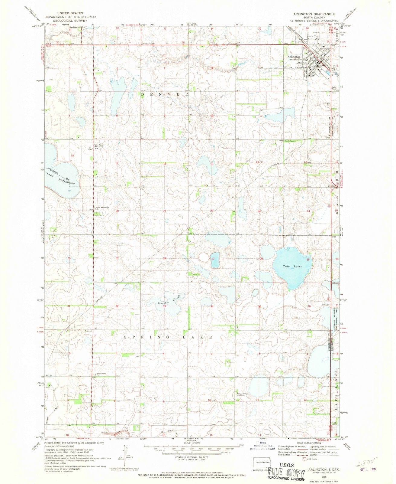 1968 Arlington, SD - South Dakota - USGS Topographic Map