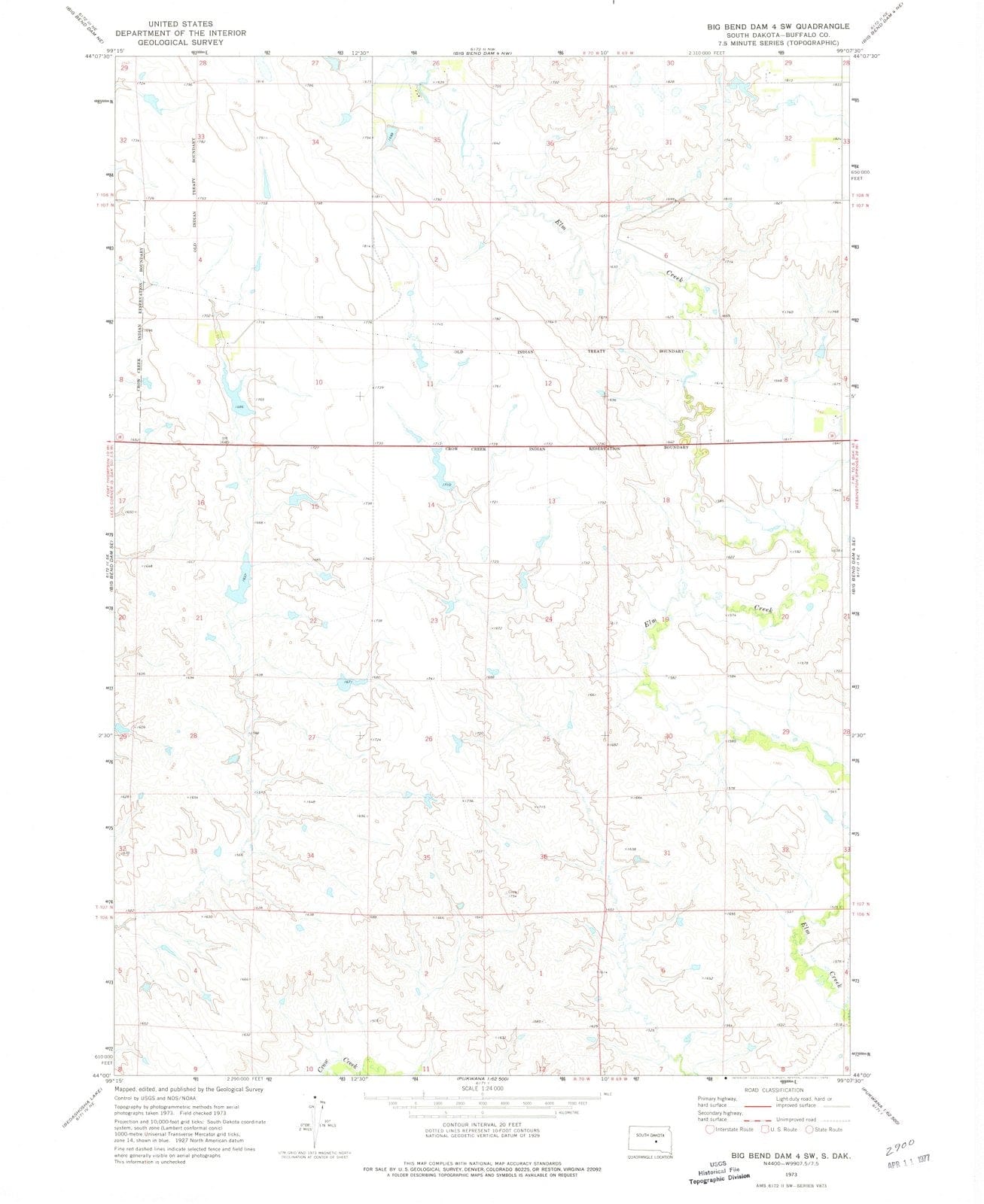 1973 Big Bend Dam 4, SD - South Dakota - USGS Topographic Map