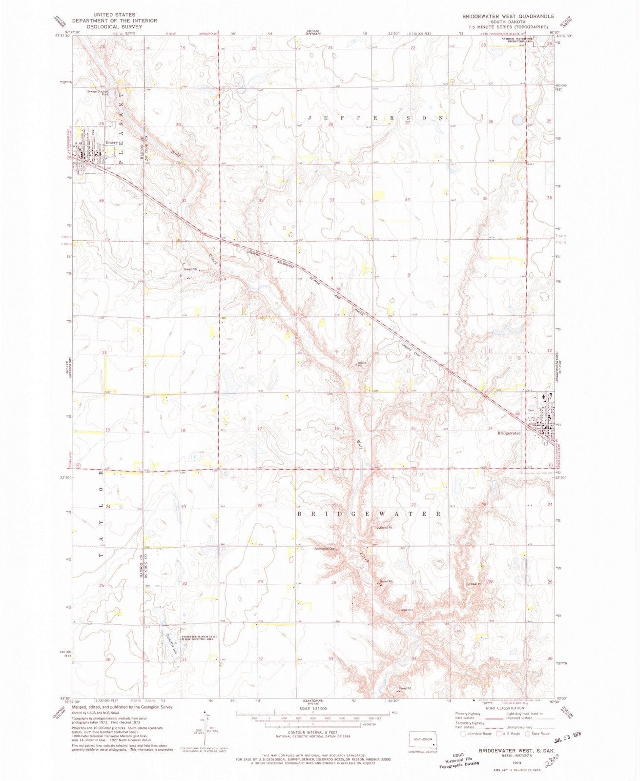 1973 Bridgewater West, SD - South Dakota - USGS Topographic Map