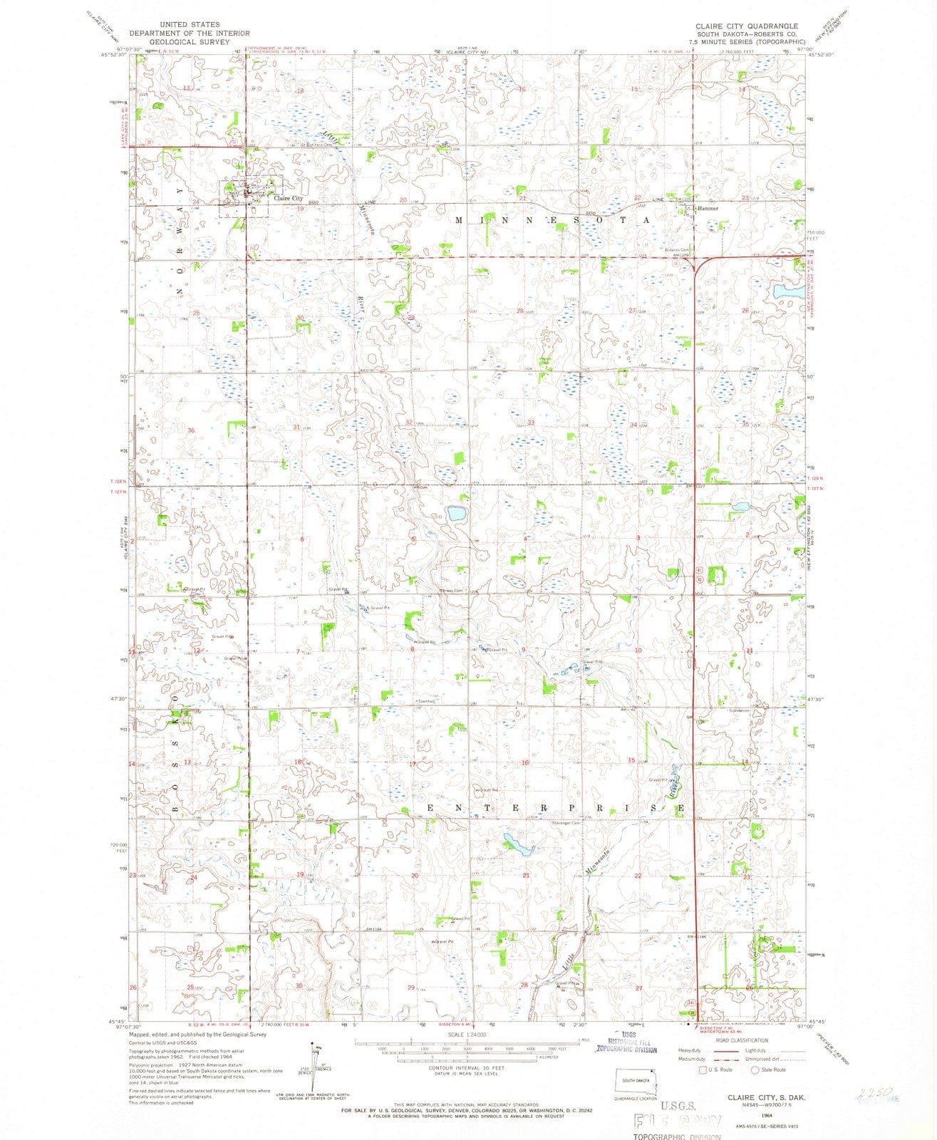 1964 Claire City, SD - South Dakota - USGS Topographic Map