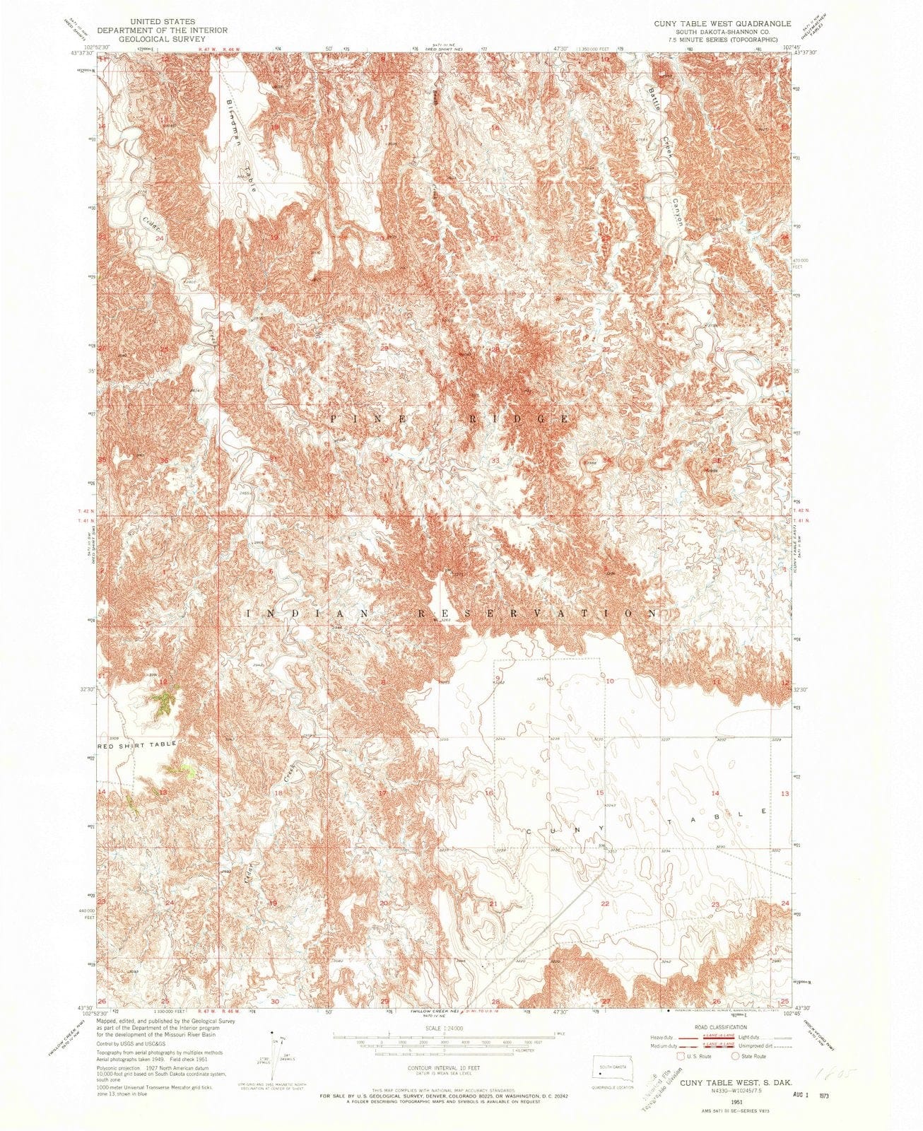 1951 CUNY Table West, SD - South Dakota - USGS Topographic Map