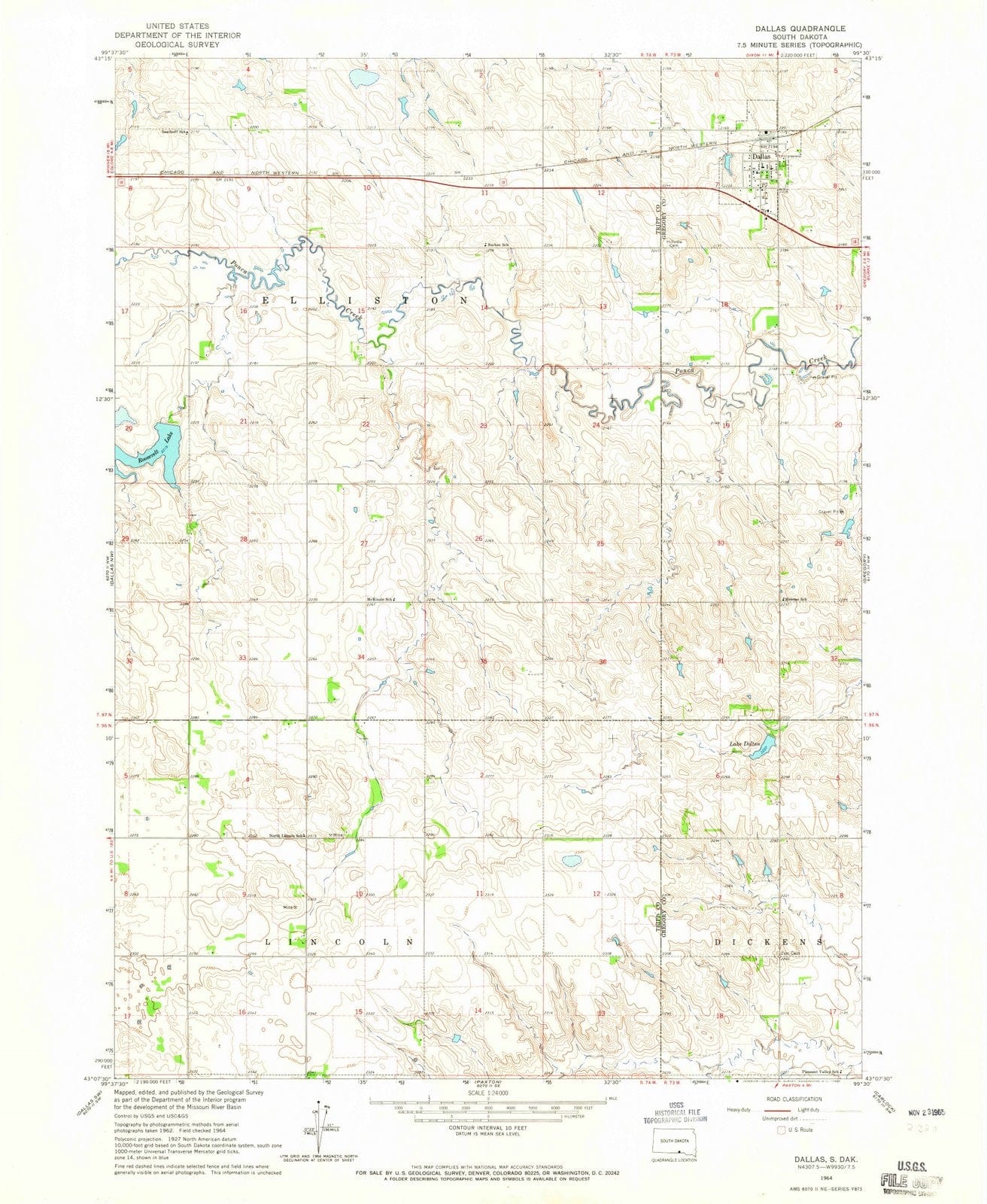 1964 Dallas, SD - South Dakota - USGS Topographic Map
