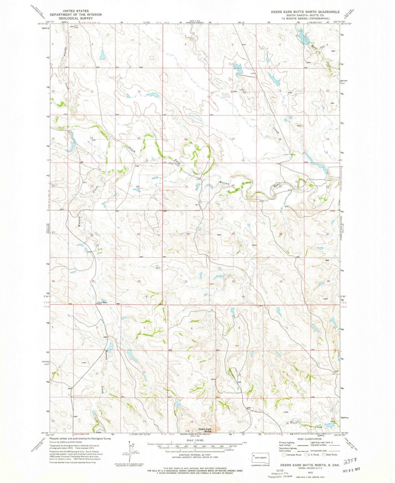1973 Deers Ears Butte North, SD - South Dakota - USGS Topographic Map