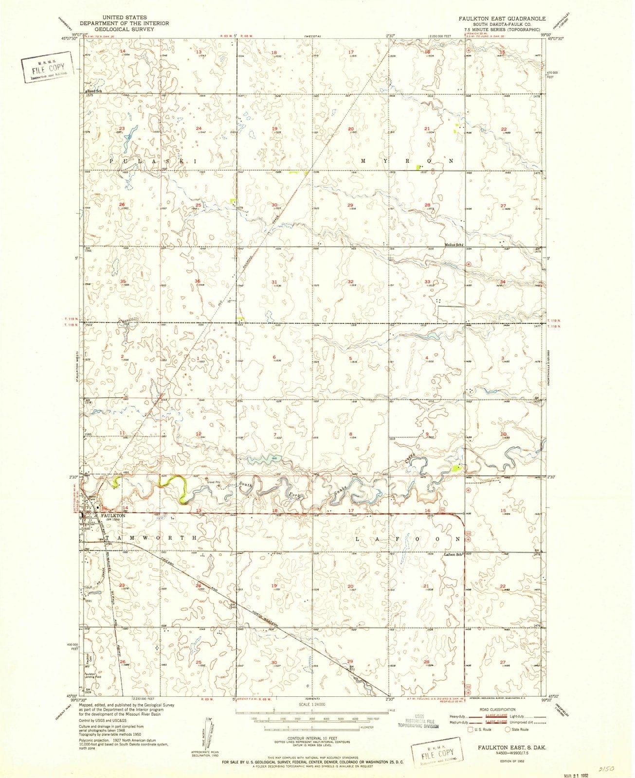 1952 Faulkton East, SD - South Dakota - USGS Topographic Map