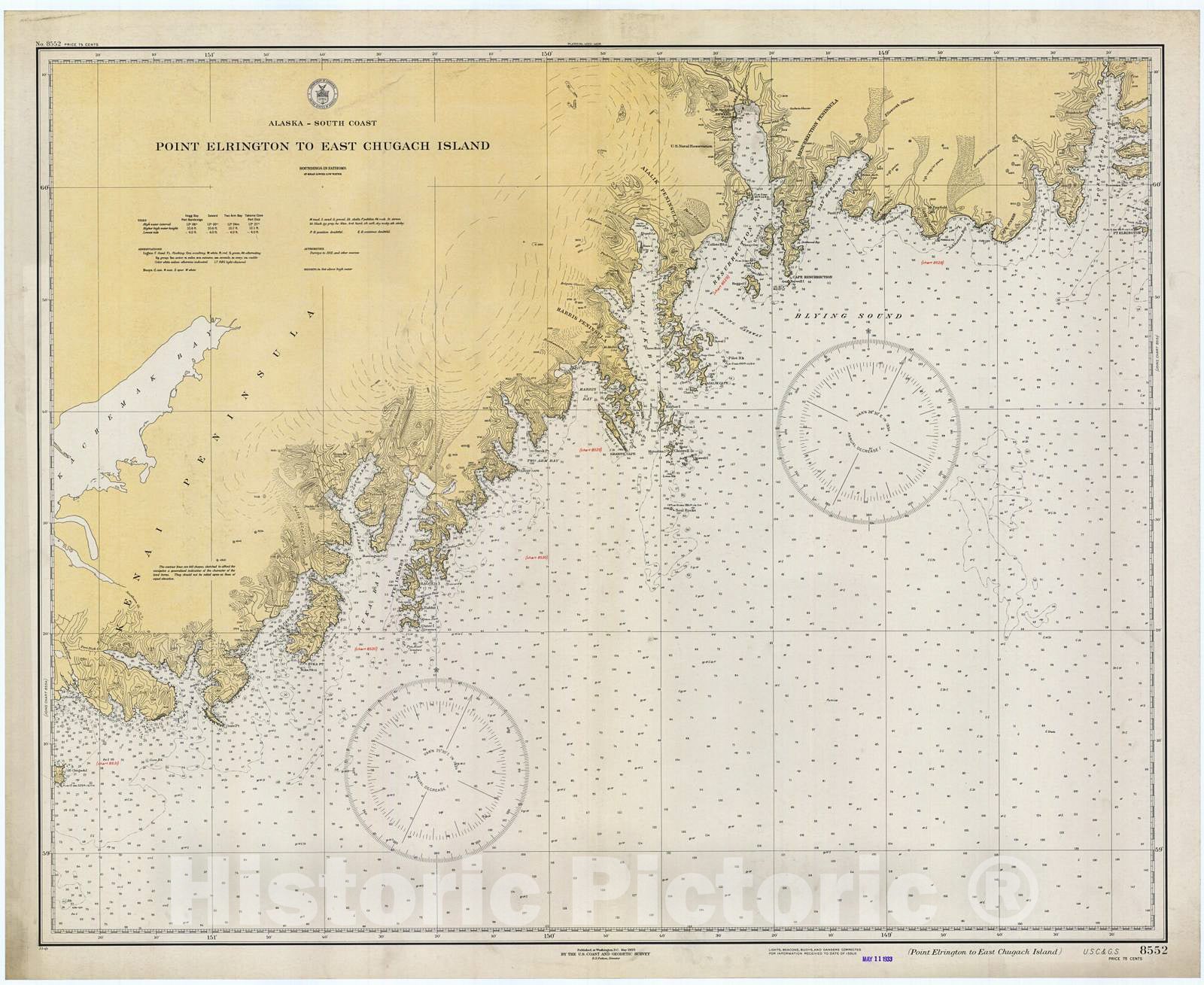 Historic Nautical Map - Point Elrington To East Chugach Island, 1933 NOAA Chart - Alaska (AK) - Vintage Wall Art