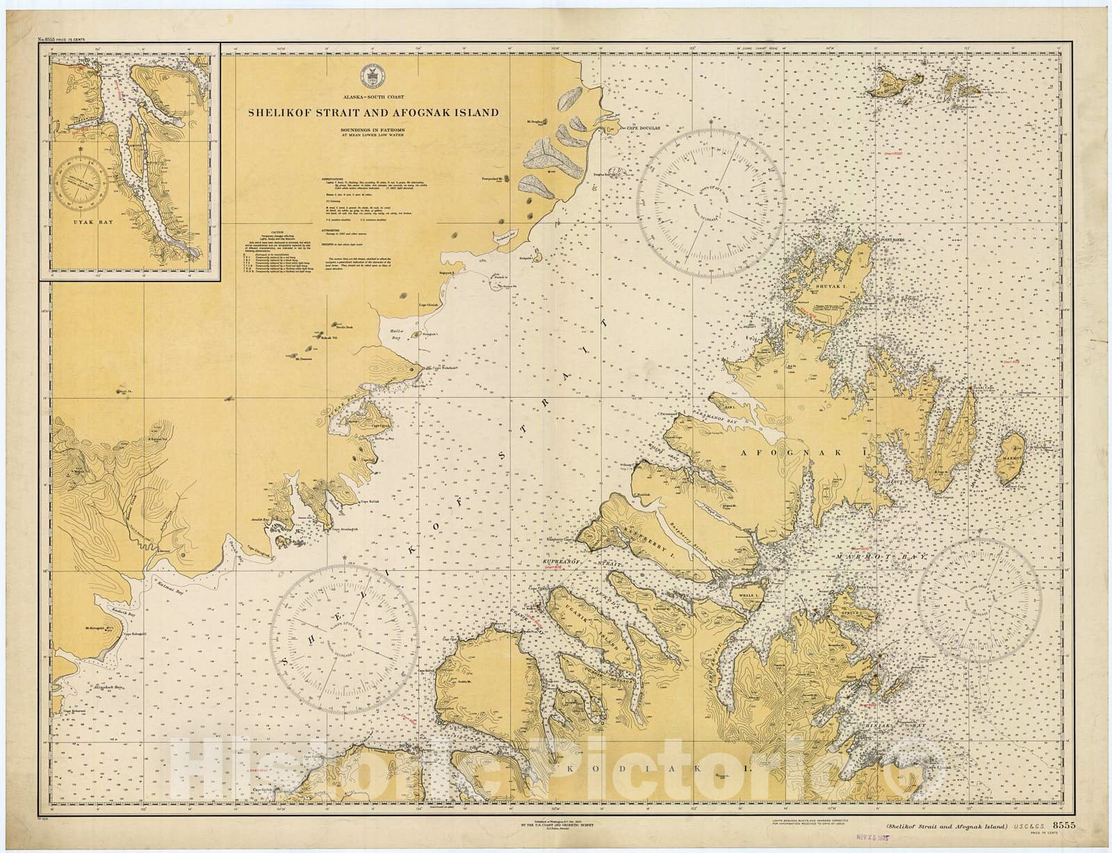 Historic Nautical Map - Shelikof Strait And Afognak Island, 1935 NOAA Chart - Alaska (AK) - Vintage Wall Art