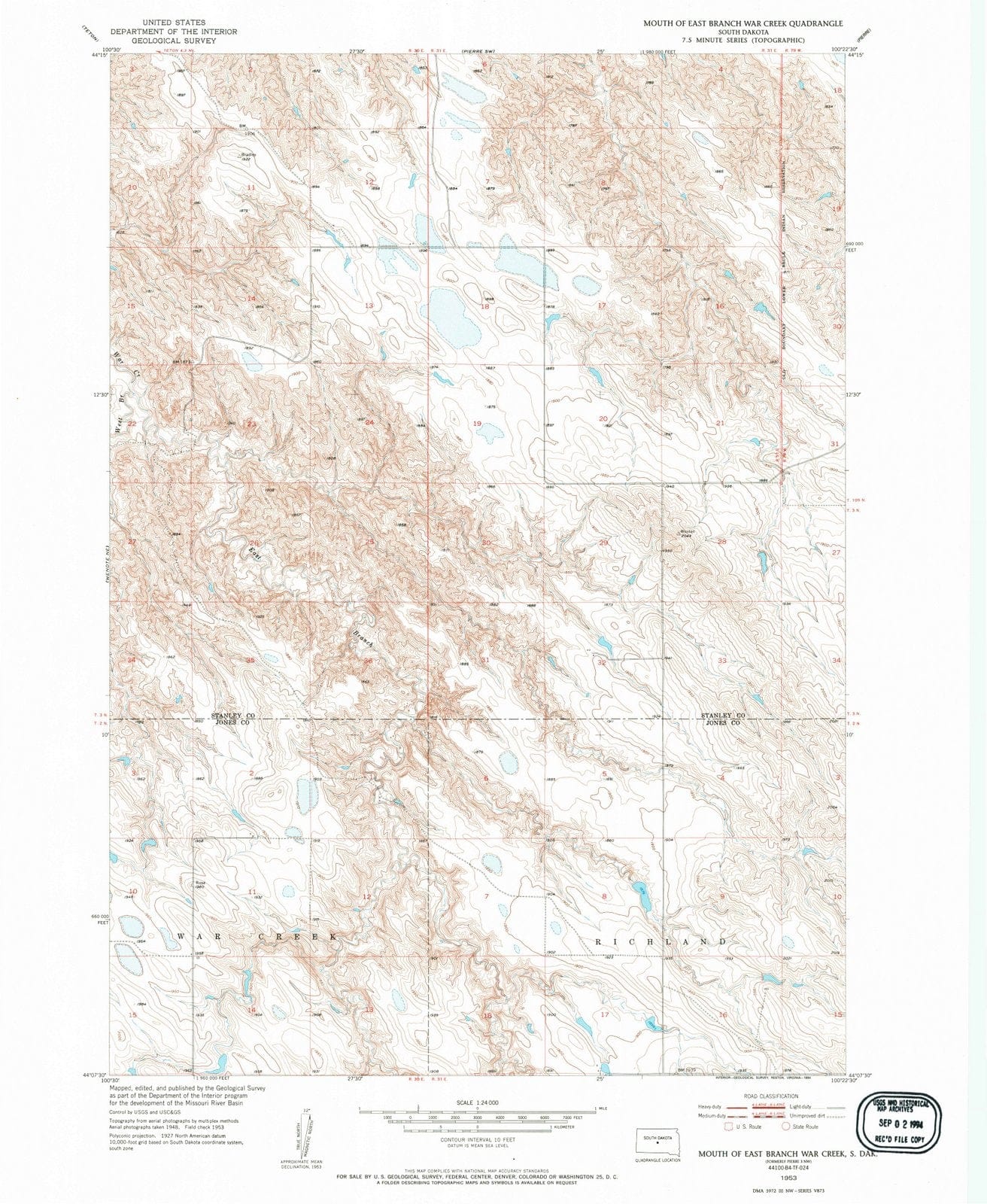1953 Mouth of East Branch War Creek, SD - South Dakota - USGS Topographic Map