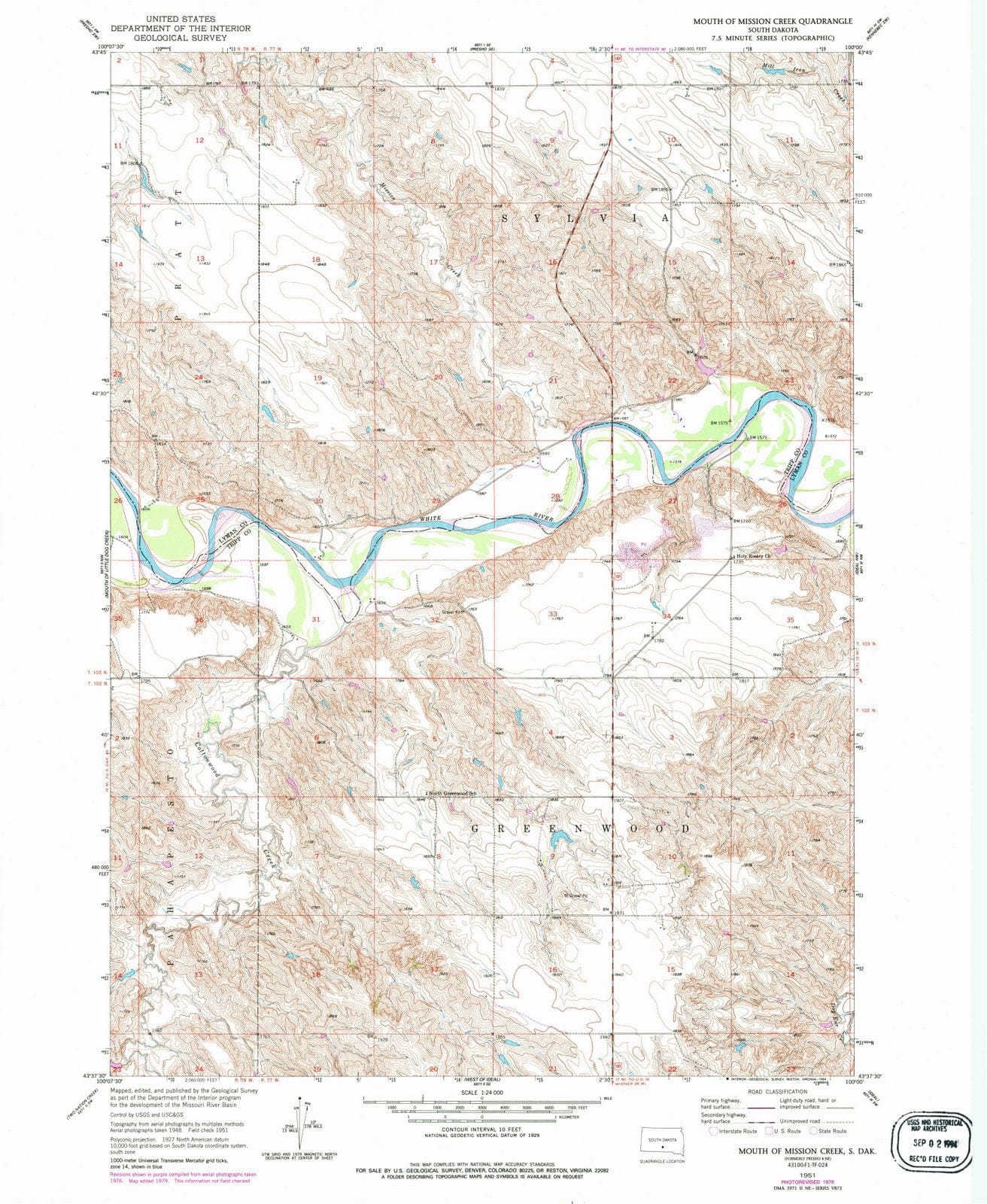 1951 Mouth of Mission Creek, SD - South Dakota - USGS Topographic Map