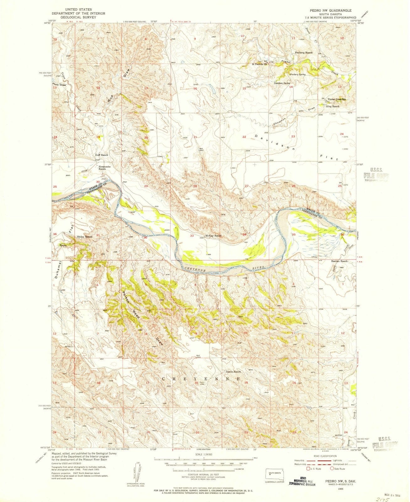 1955 Pedro, SD - South Dakota - USGS Topographic Map