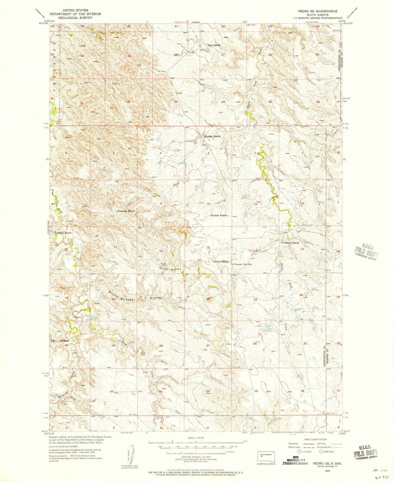 1955 Pedro, SD - South Dakota - USGS Topographic Map