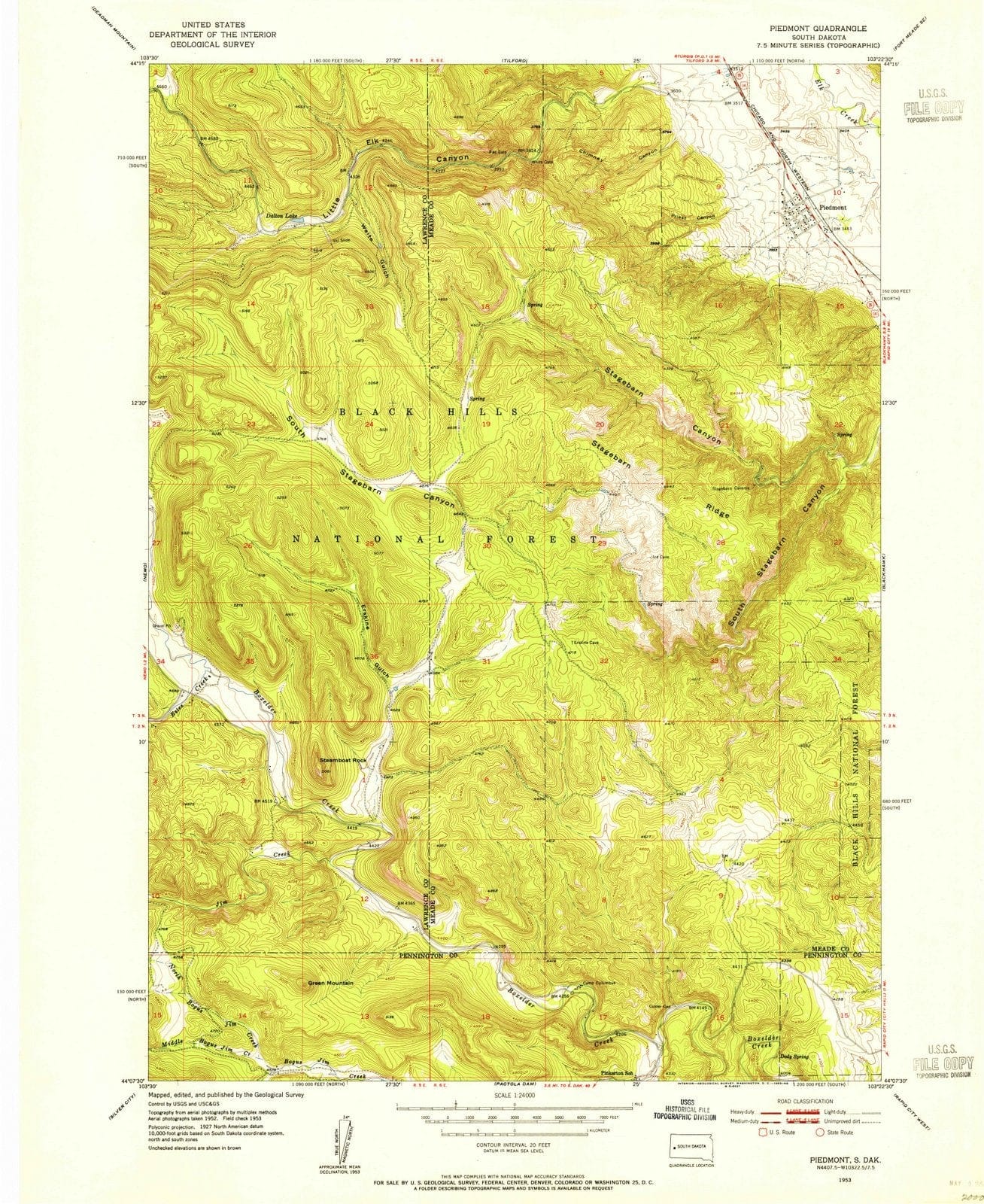 1953 Piedmont, SD - South Dakota - USGS Topographic Map