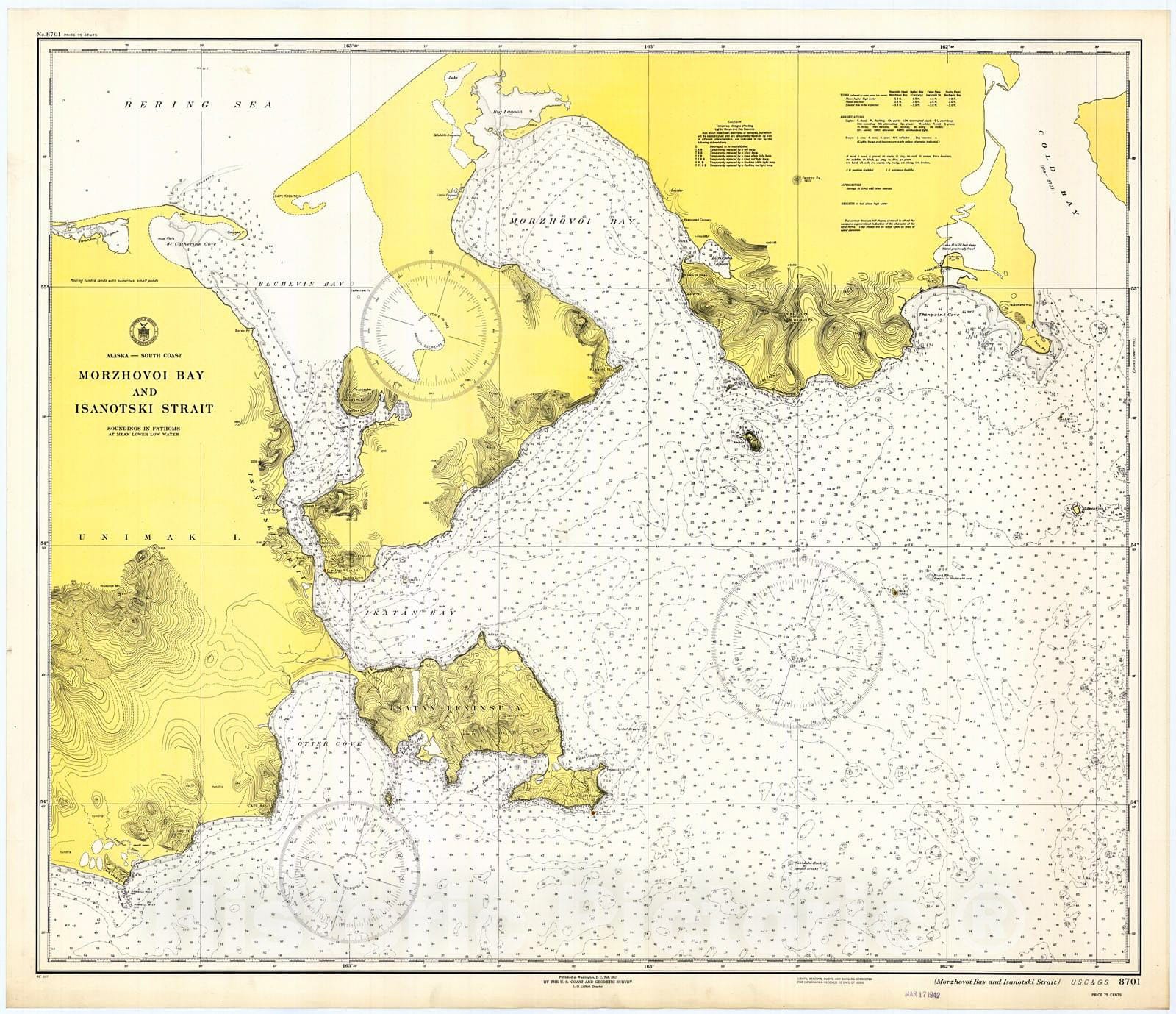 Historic Nautical Map - Morzhovoi Bay And Isanotski Strait, 1942 NOAA Chart - Alaska (AK) - Vintage Wall Art