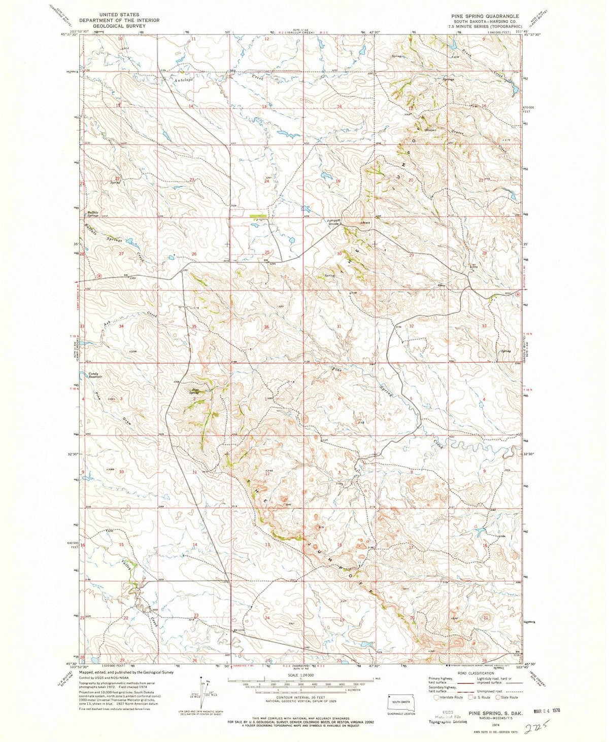 1974 Pine Spring, SD - South Dakota - USGS Topographic Map