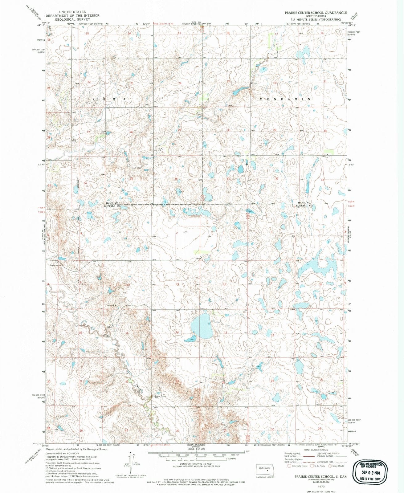 1973 Prairie Center School, SD - South Dakota - USGS Topographic Map
