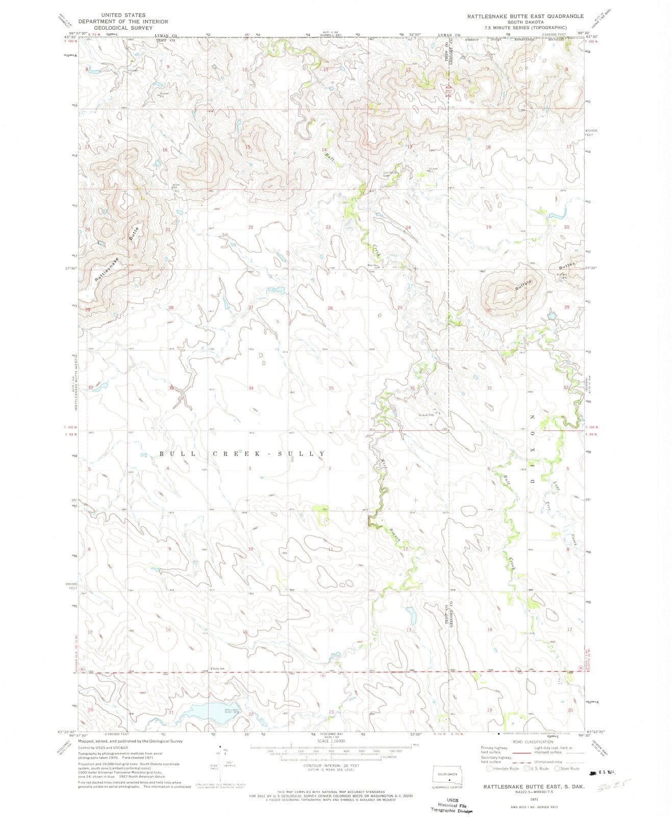 1971 Rattlesnake Butte East, SD - South Dakota - USGS Topographic Map
