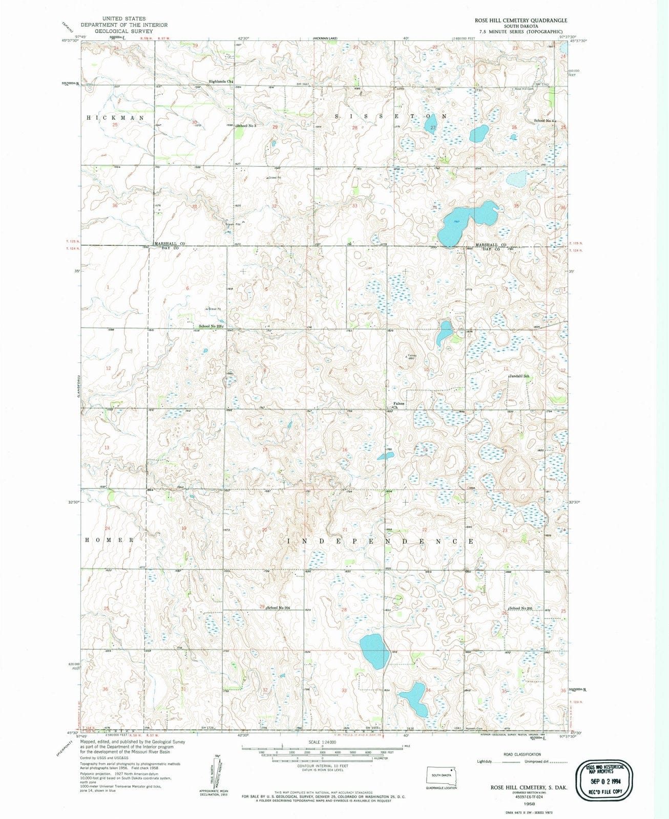 1958 Rose Hill Cemetery, SD - South Dakota - USGS Topographic Map