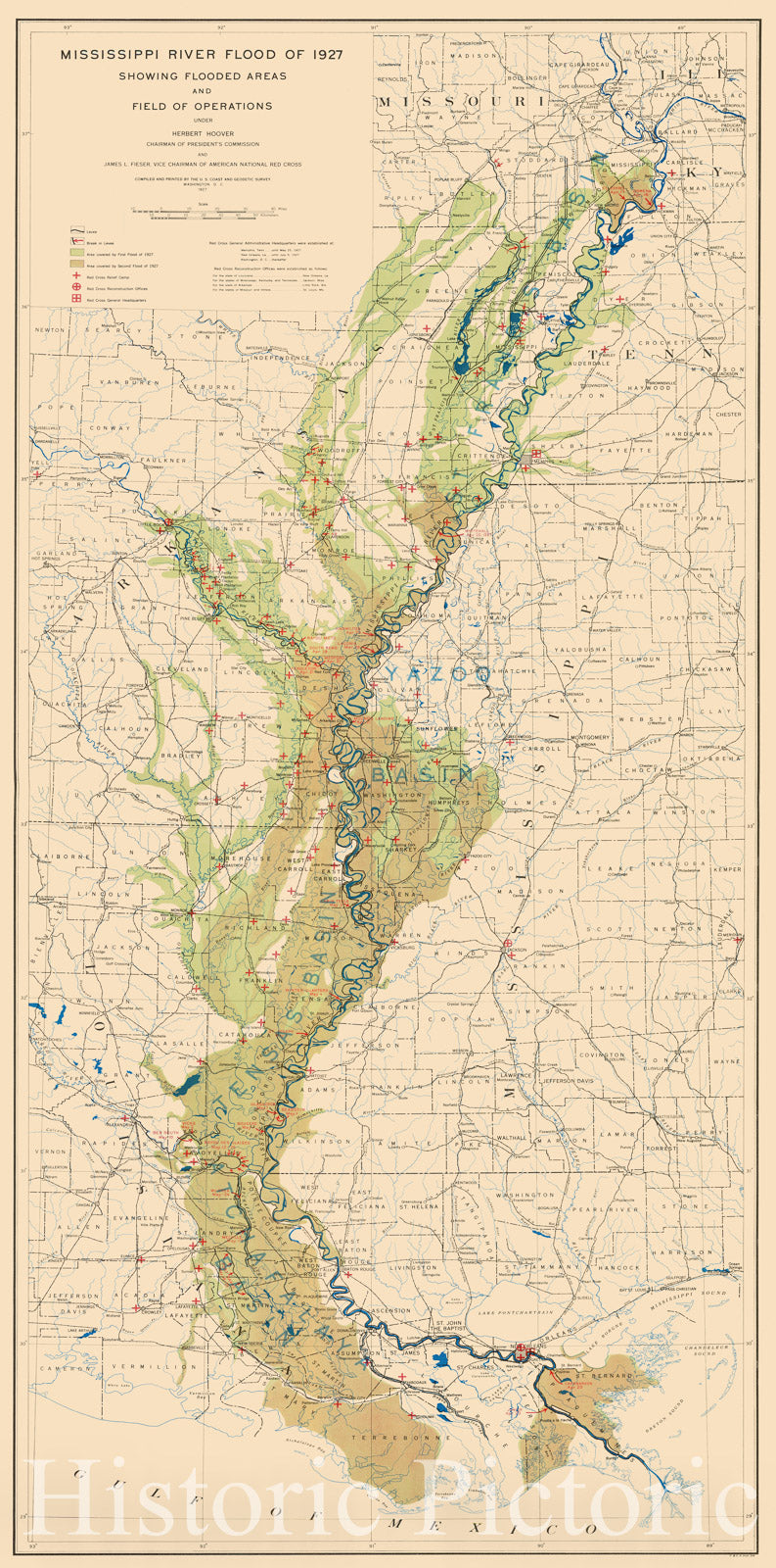 Historic Nautical Map - Mississippi River Flood Of 1927, 1927 NOAA Topographic Historic Nautical Map - Missouri, Kentucky, Arkansas, Mississippi (MO, KY, AR, MS) - Vintage Wall Art