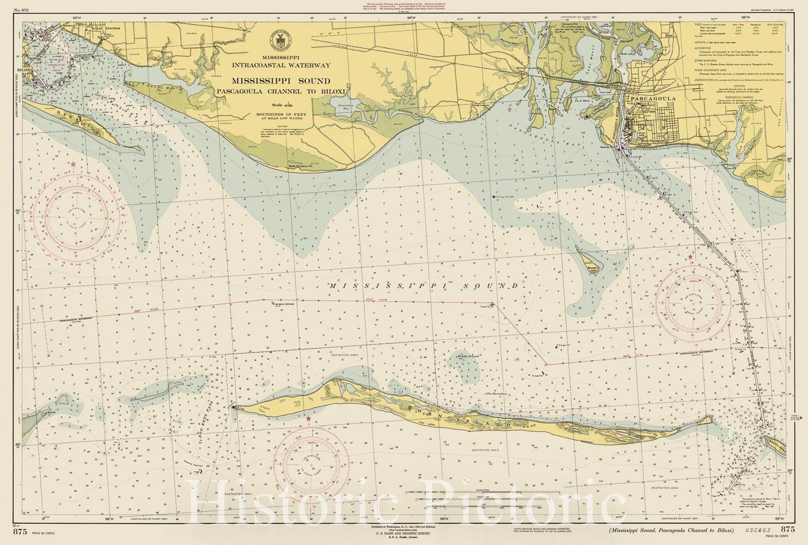 Historic Nautical Map - Mississippi Sound : Pascagoula Channel, 1952 NOAA Chart - Mississippi (MS) - Vintage Wall Art