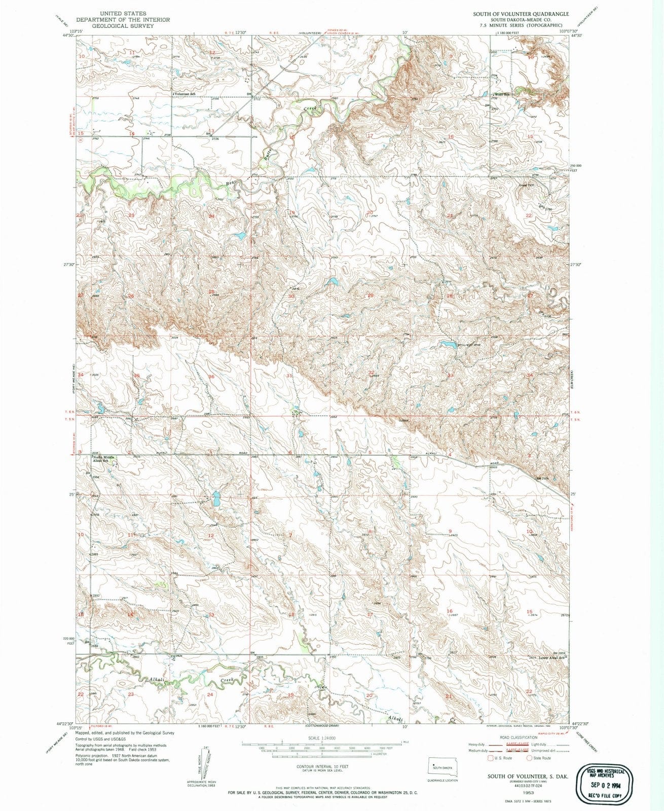 1953 South of Volunteer, SD - South Dakota - USGS Topographic Map
