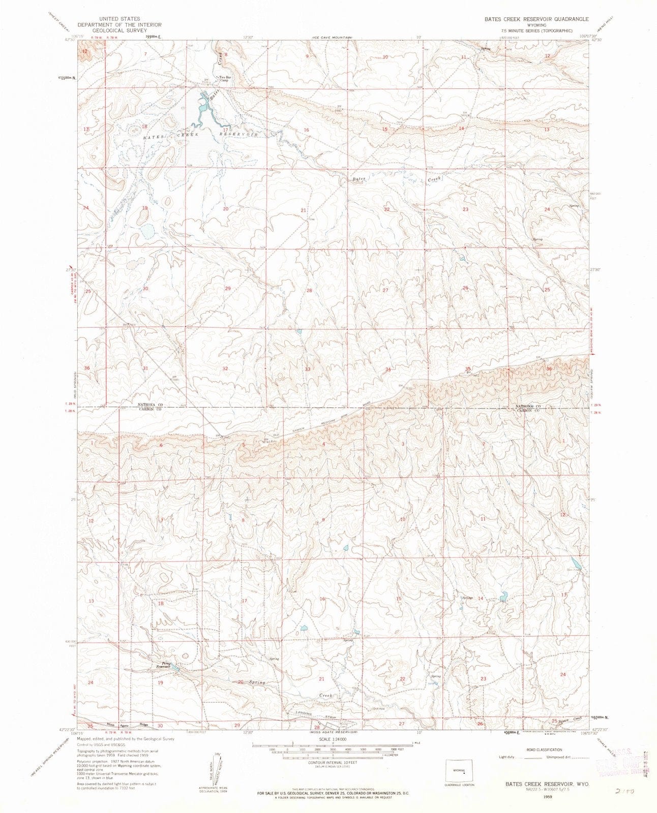 1959 Bates Creek Reservoir, WY - Wyoming - USGS Topographic Map
