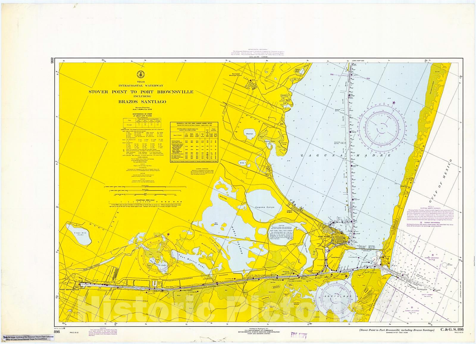 Historic Nautical Map - Stover Point To Port Brownsville Including Brazos Santiago, 1968 NOAA Chart - Texas (TX) - Vintage Wall Art