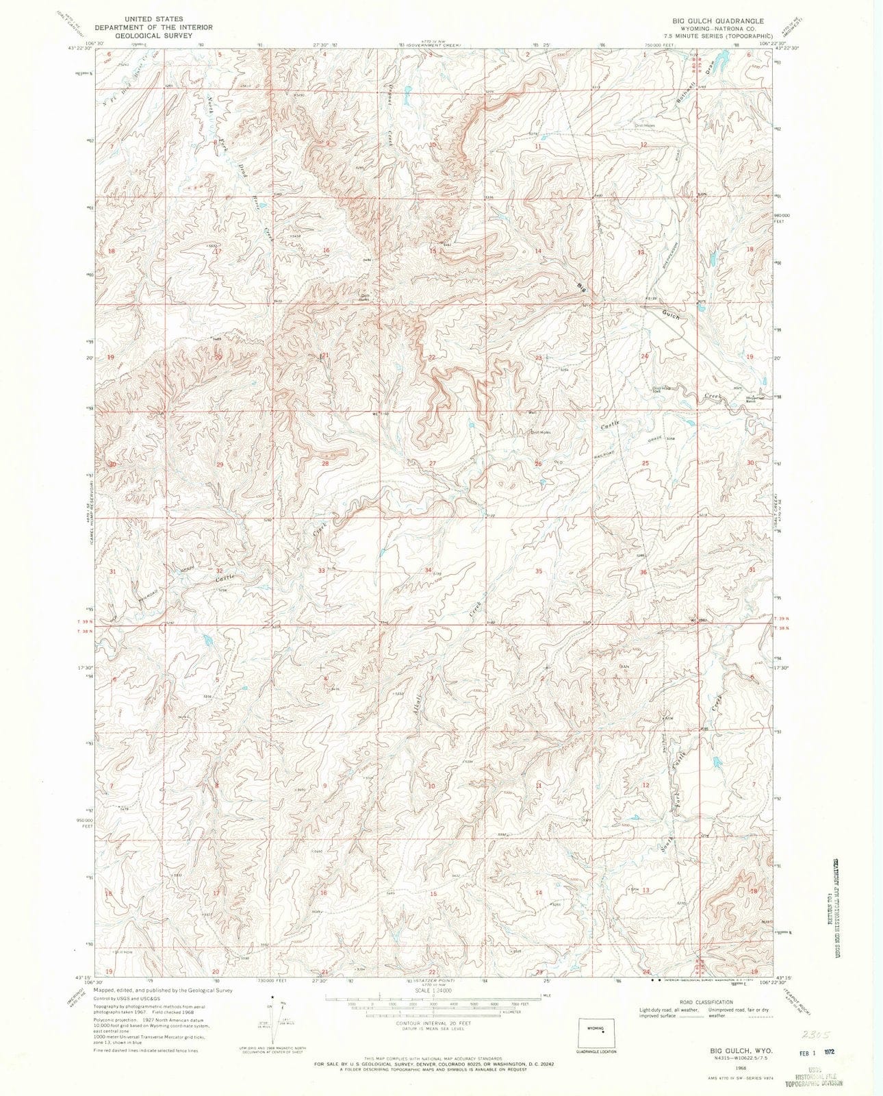 1968 Big Gulch, WY - Wyoming - USGS Topographic Map
