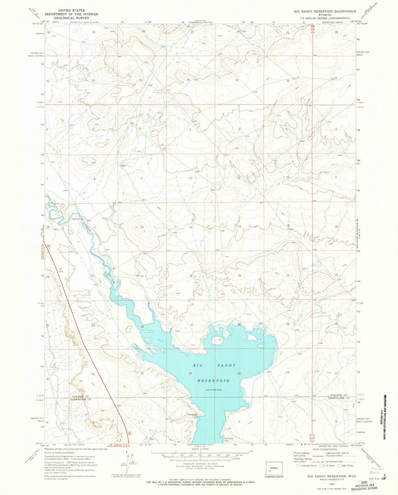 1969 Big Sandy Reservoir, WY - Wyoming - USGS Topographic Map v2