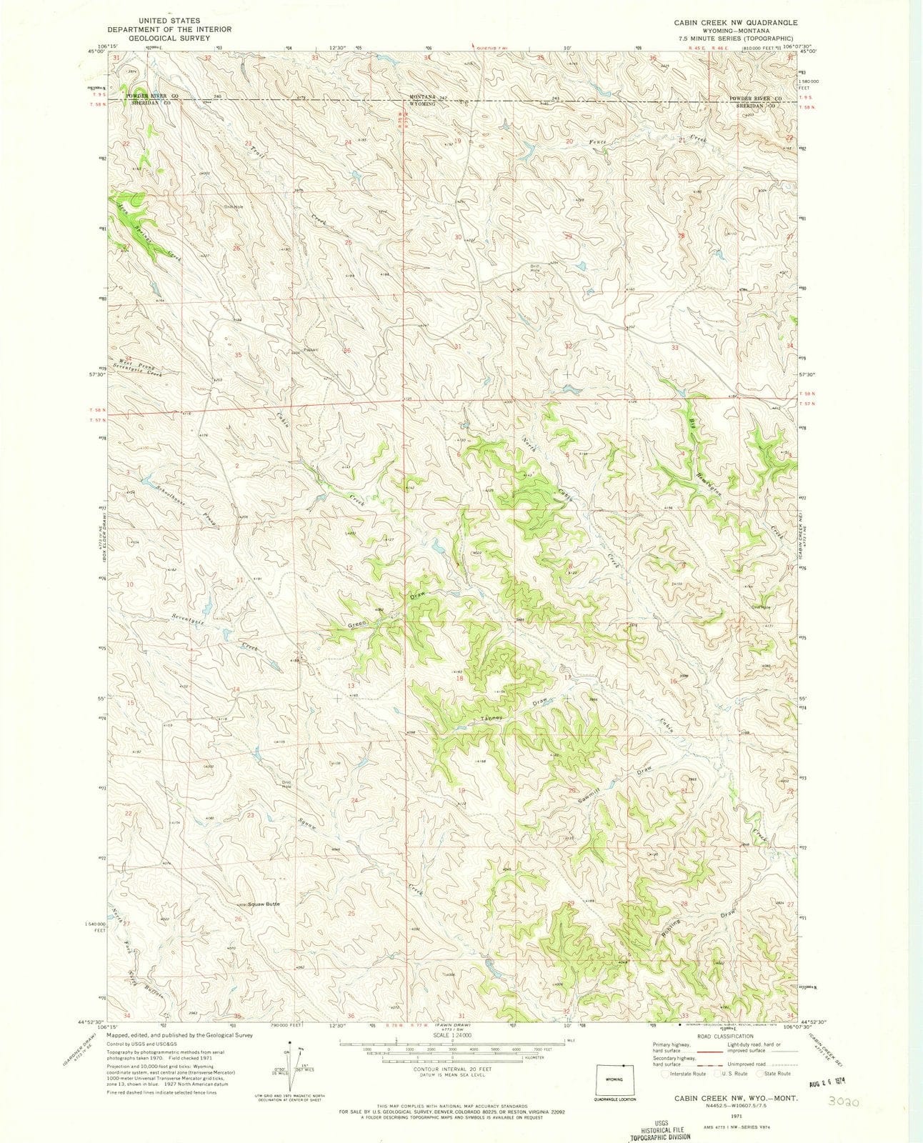 1971 Cabin Creek, WY - Wyoming - USGS Topographic Map v2