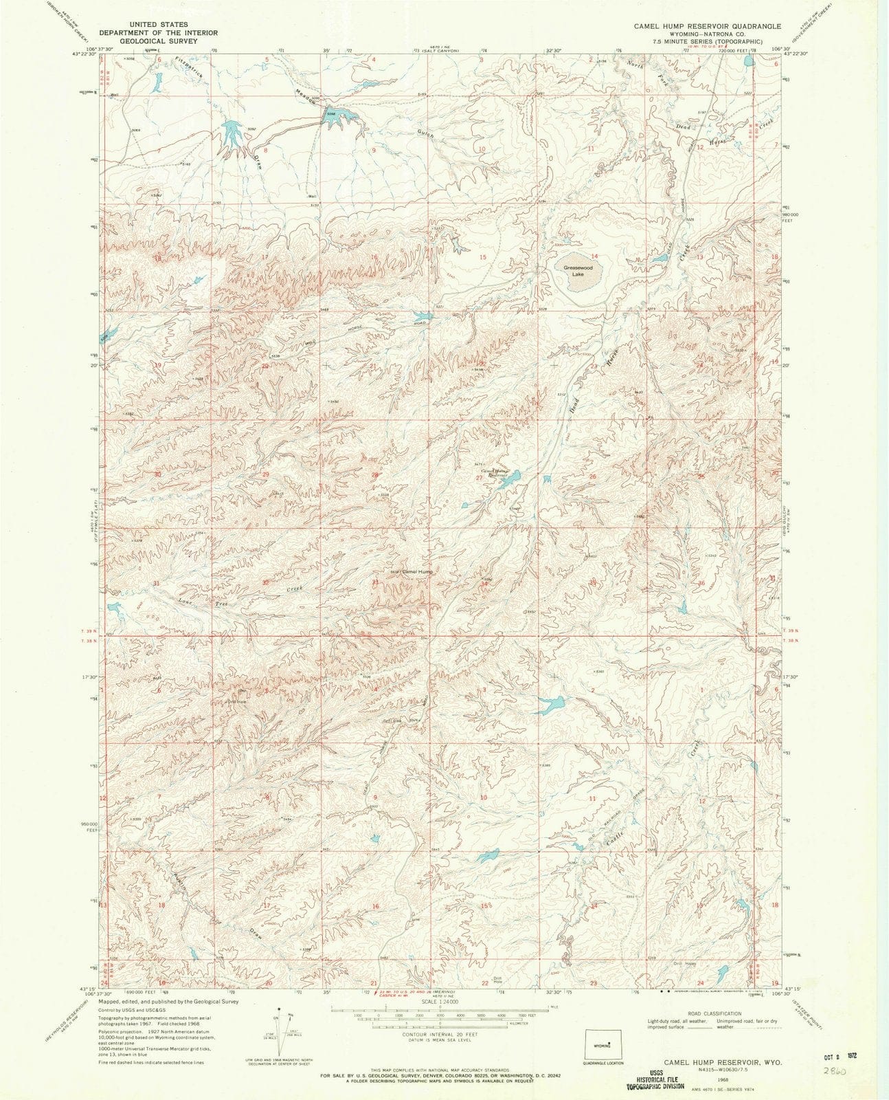 1968 Camel Hump Reservoir, WY - Wyoming - USGS Topographic Map