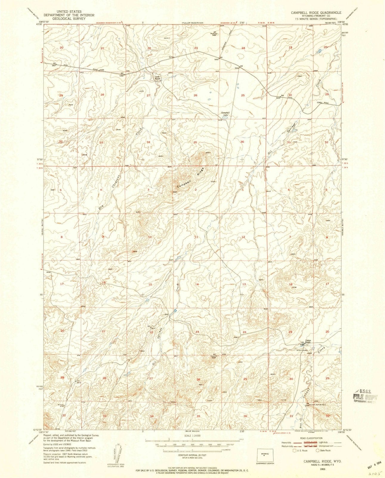 1953 Campbell Ridge, WY - Wyoming - USGS Topographic Map