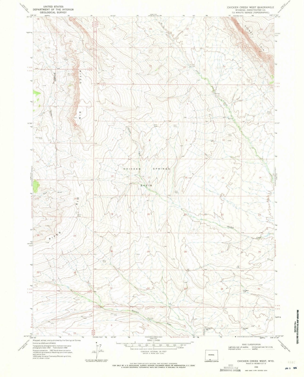 1968 Chicken Creek West, WY - Wyoming - USGS Topographic Map