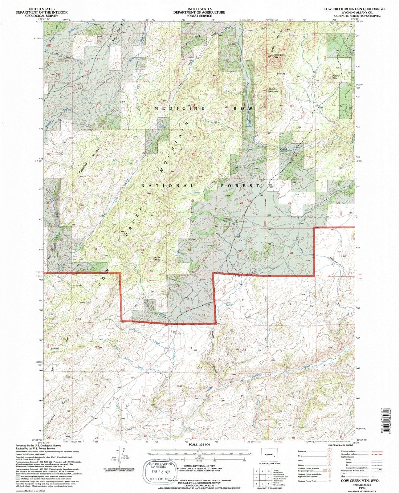 1992 Cow Creek MTN, WY - Wyoming - USGS Topographic Map